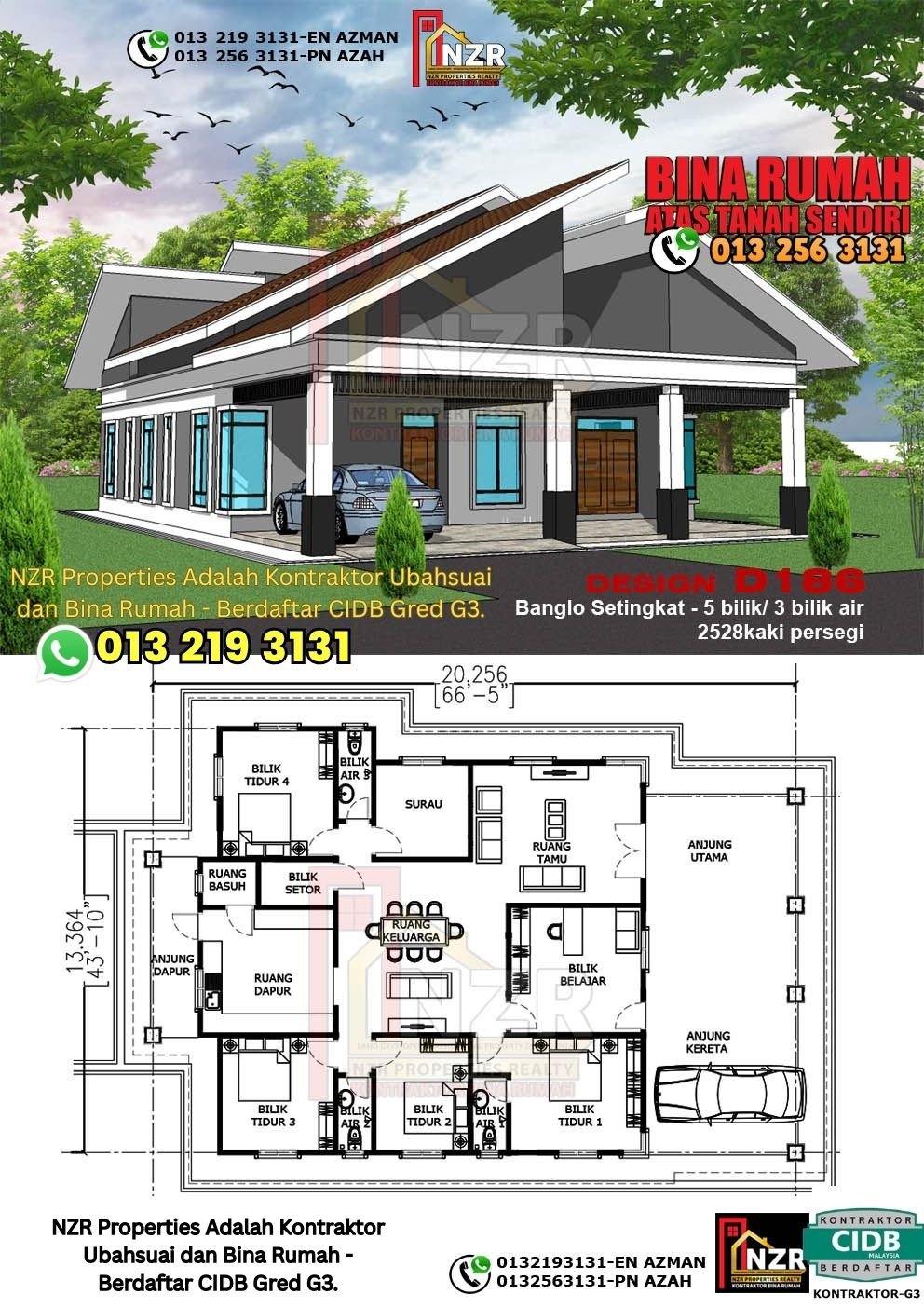 Design D186 rumah 1 tingkat 2528 kps dengan 5 bilik tidur dan 3 bilik air.