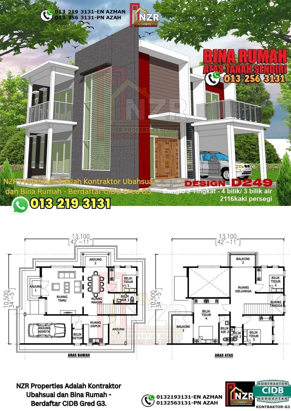 Design D249 rumah dua tingkat 2116 kps dengan 4 bilik tidur dan 3 bilik air.