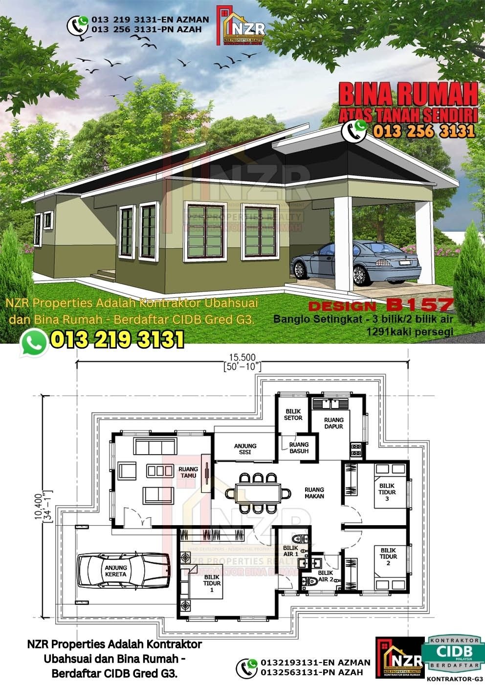 Design B157 rumah 1 tingkat 1291 kps dengan 3 bilik tidur dan 2 bilik air.