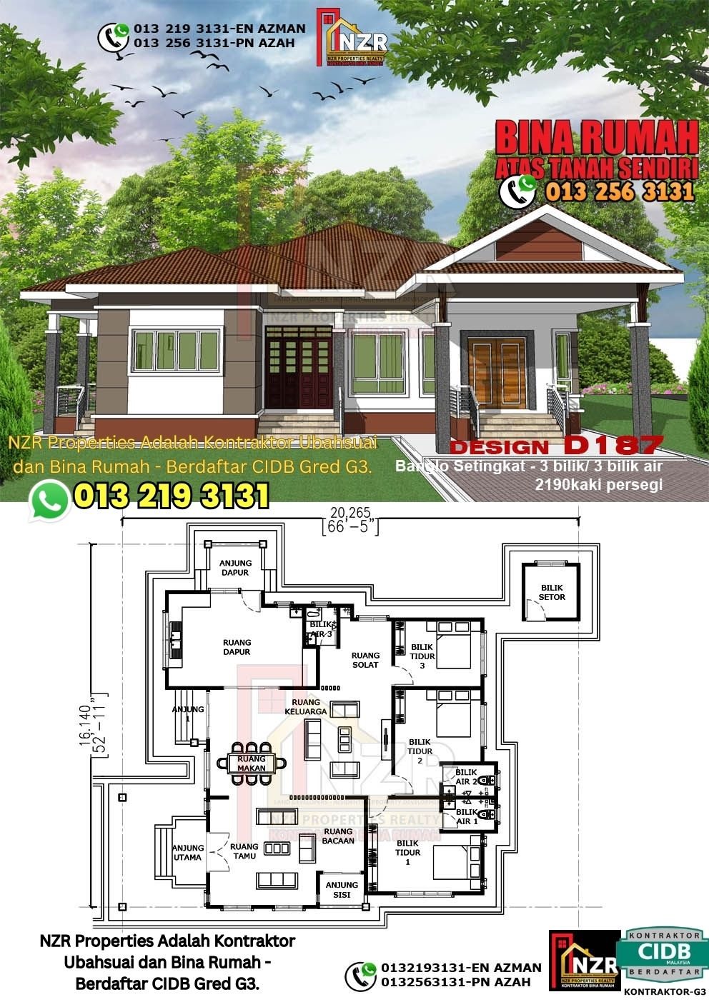 Design D187 rumah 1 tingkat 2190 kps dengan 3 bilik tidur dan 3 bilik air.