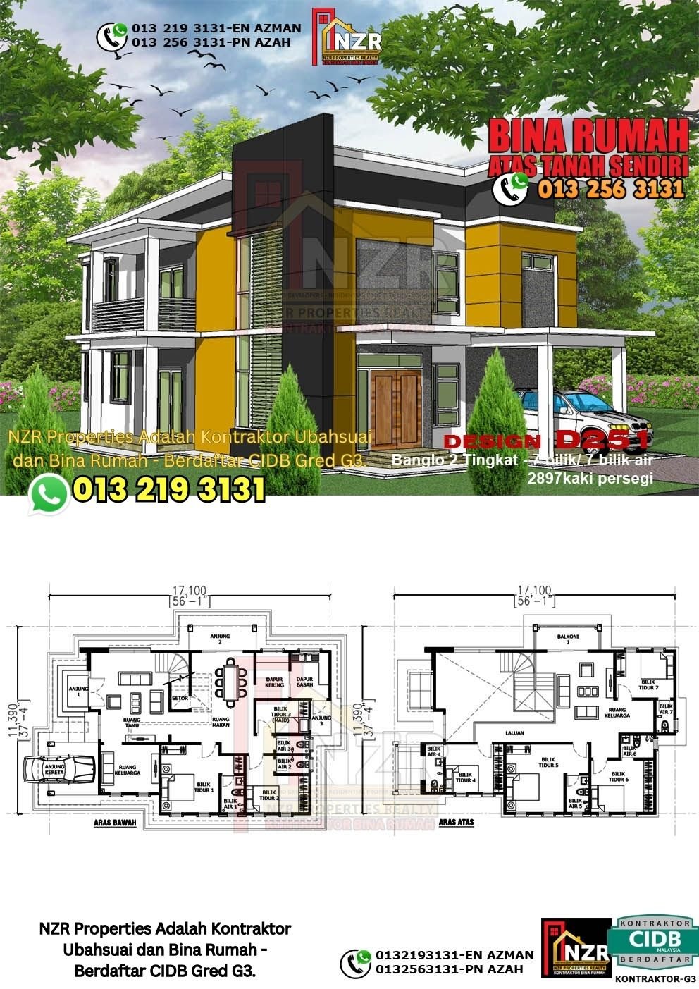 Design D251 rumah dua tingkat 2897 kps dengan 7 bilik tidur dan 7 bilik air.