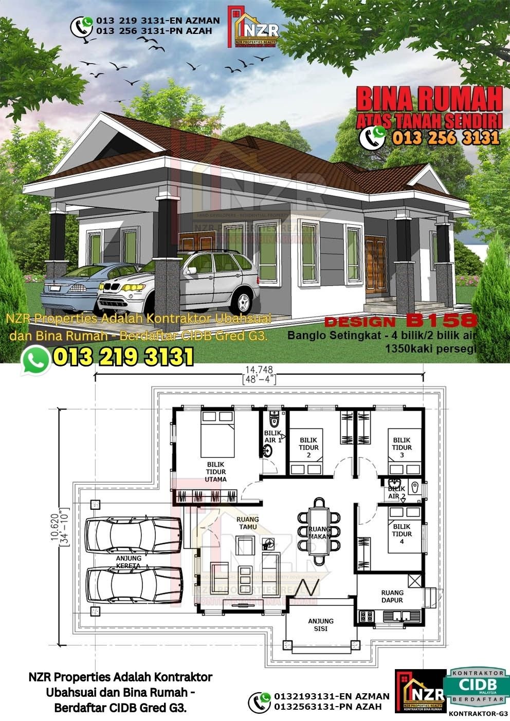 Design B158 rumah 1 tingkat 1350 kps dengan 4 bilik tidur dan 2 bilik air.