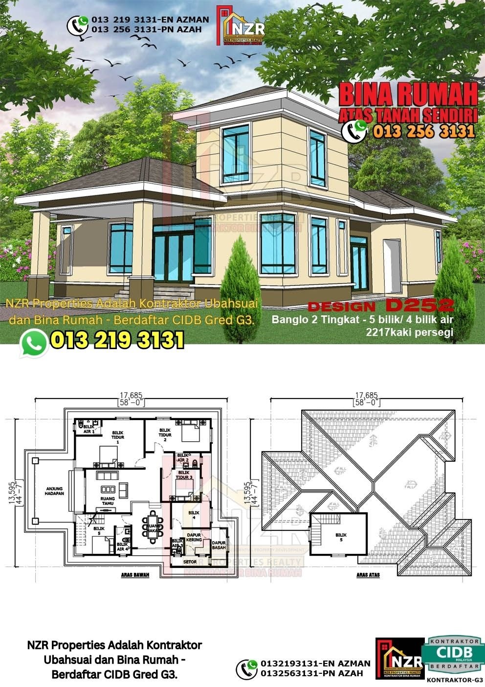 Design D252 rumah dua tingkat 2217 kps dengan 5 bilik tidur dan 4 bilik air.