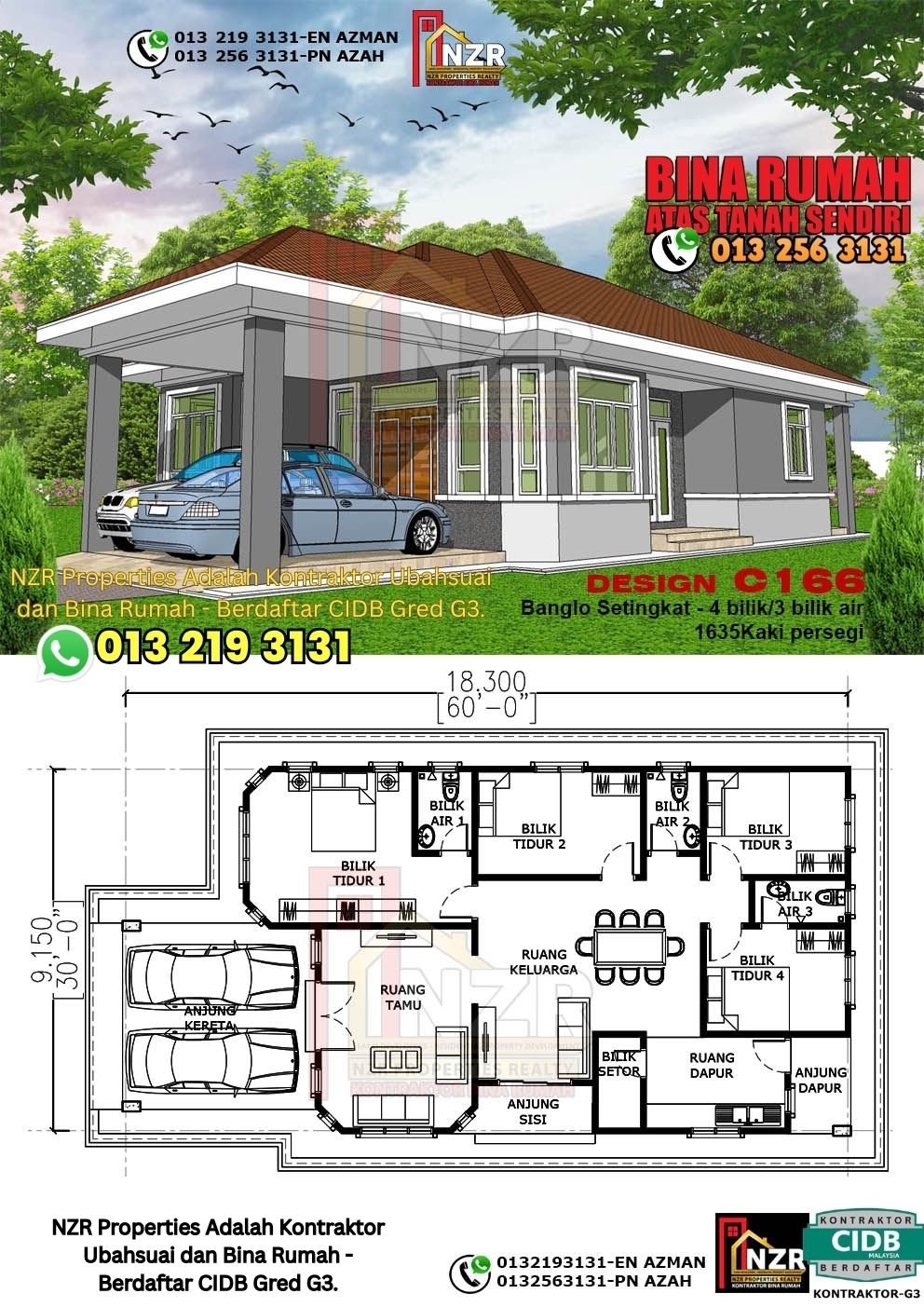 Design C166 rumah 1 tingkat 1635 kps dengan 4 bilik tidur dan 3 bilik air.