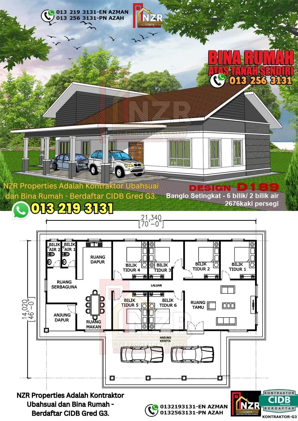 Design D189 rumah 1 tingkat 2676 kps dengan 6 bilik tidur dan 2 bilik air.