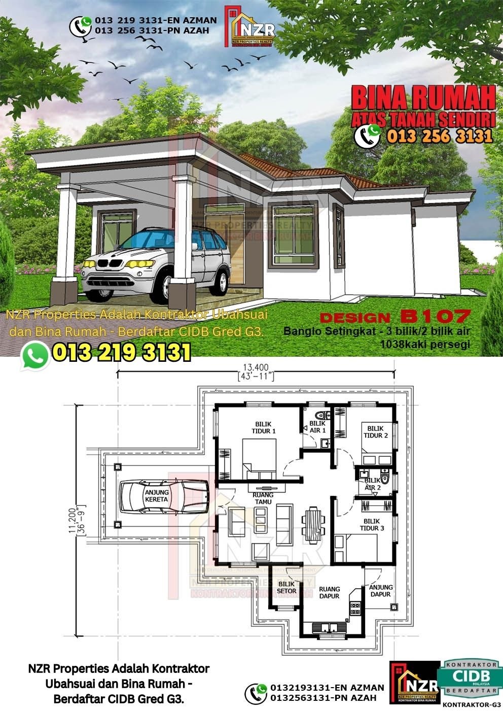 Design B107 rumah 1 tingkat 1038 kps dengan 3 bilik tidur dan 2 bilik air