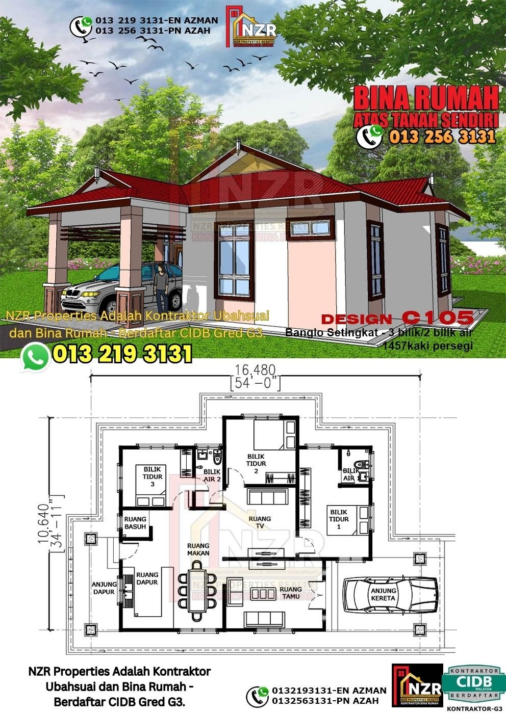 Design C105 rumah 1 tingkat 1457 kps dengan 3 bilik tidur dan 2 bilik air.
