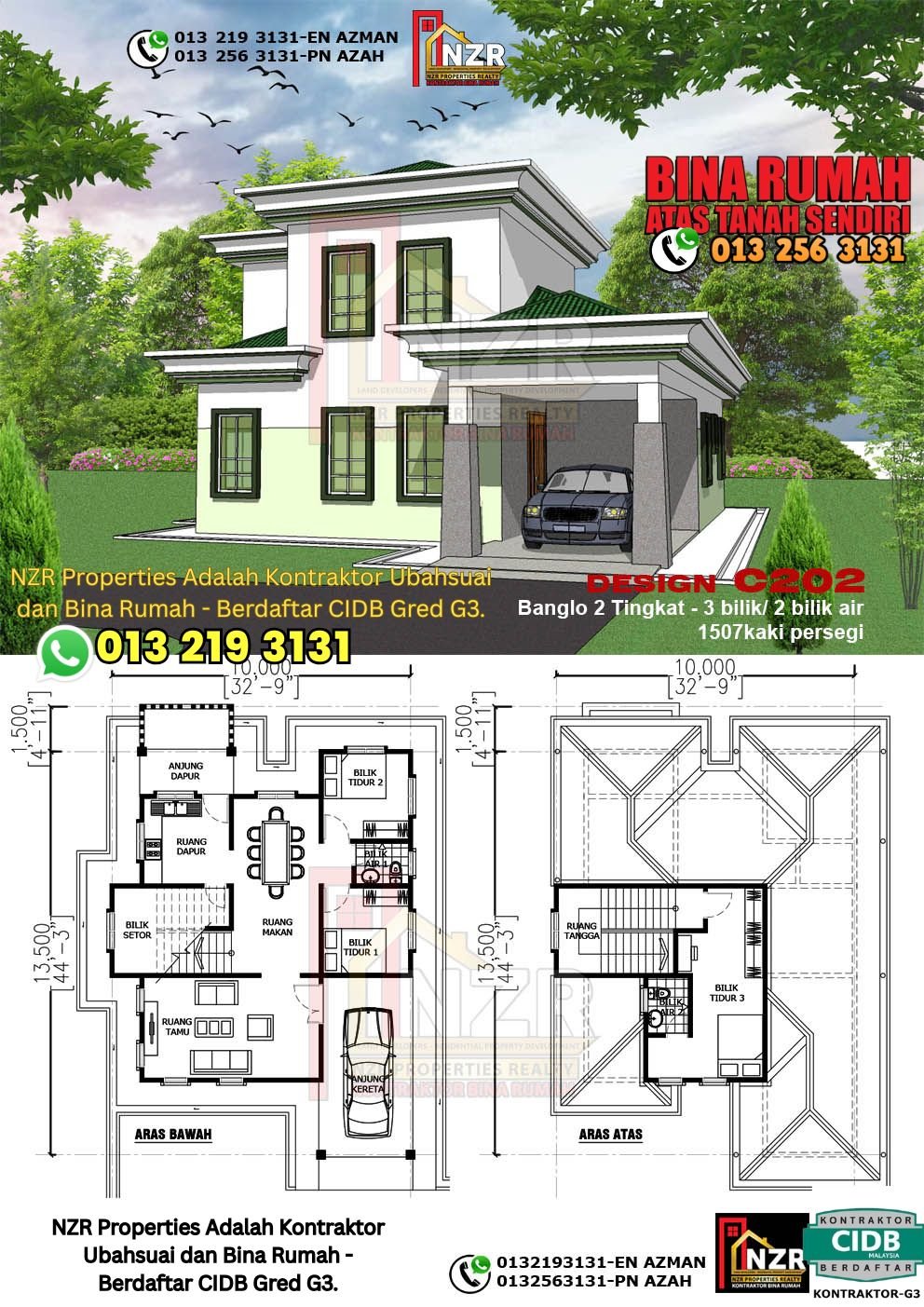 Design C202 rumah dua tingkat 1507 kps dengan 3 bilik tidur dan 2 bilik air.