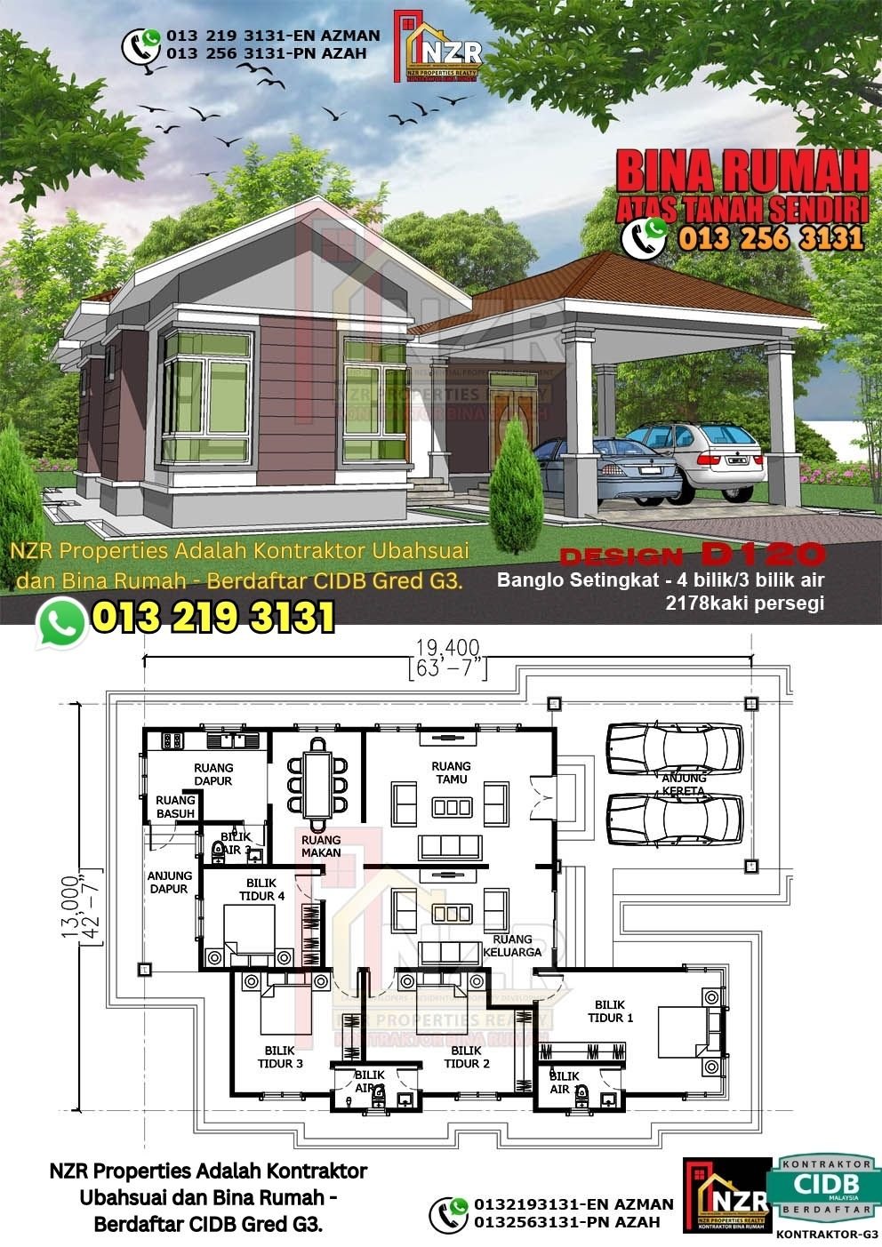 Design D120 rumah 1 tingkat 2178 kps dengan 4 bilik tidur dan 3 bilik air.