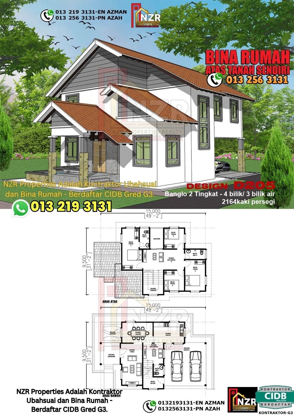Design D205 rumah dua tingkat 2164 kps dengan 4 bilik tidur dan 3 bilik air.