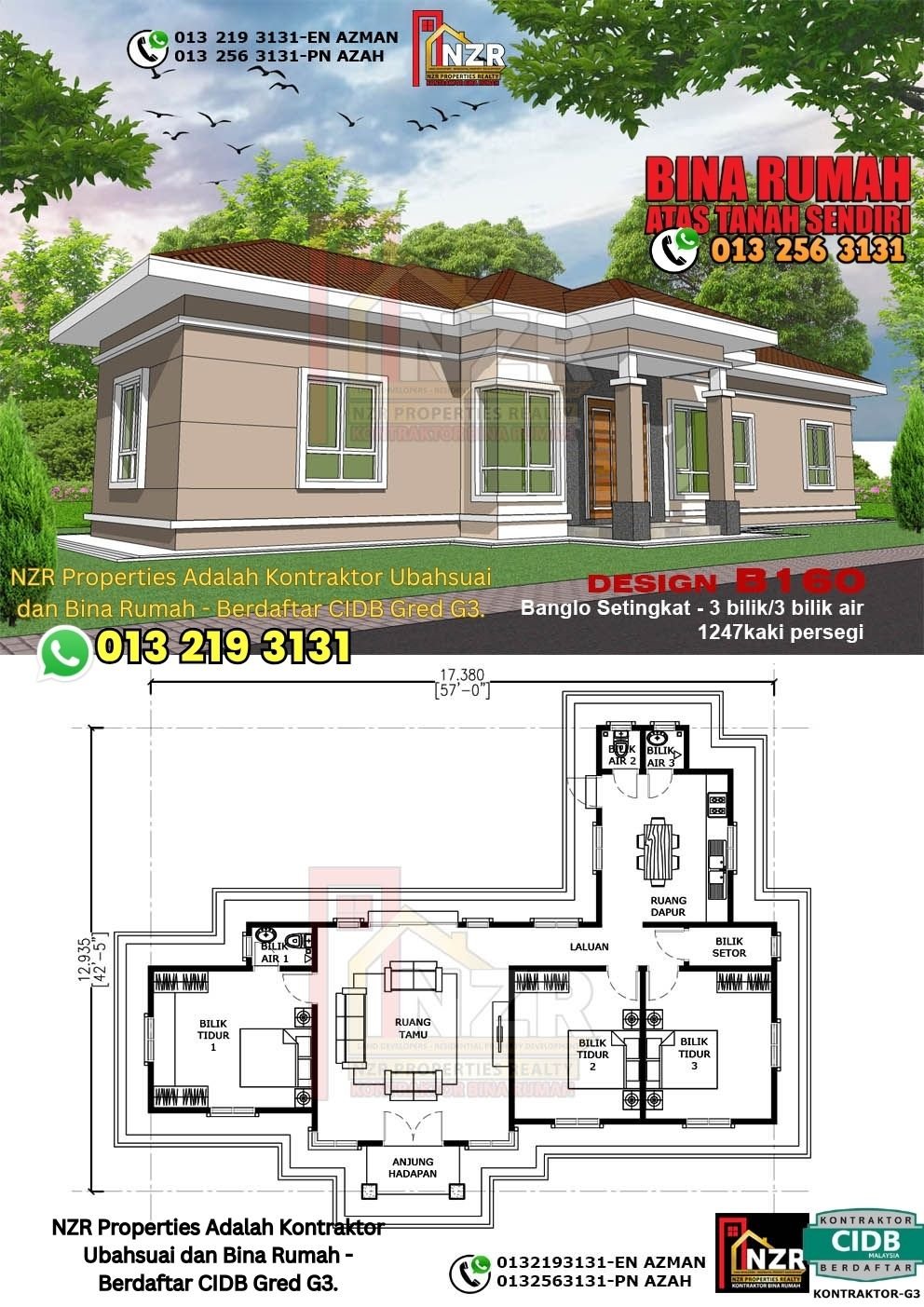 Design B160 rumah 1 tingkat 1247 kps dengan 3 bilik tidur dan 3 bilik air.