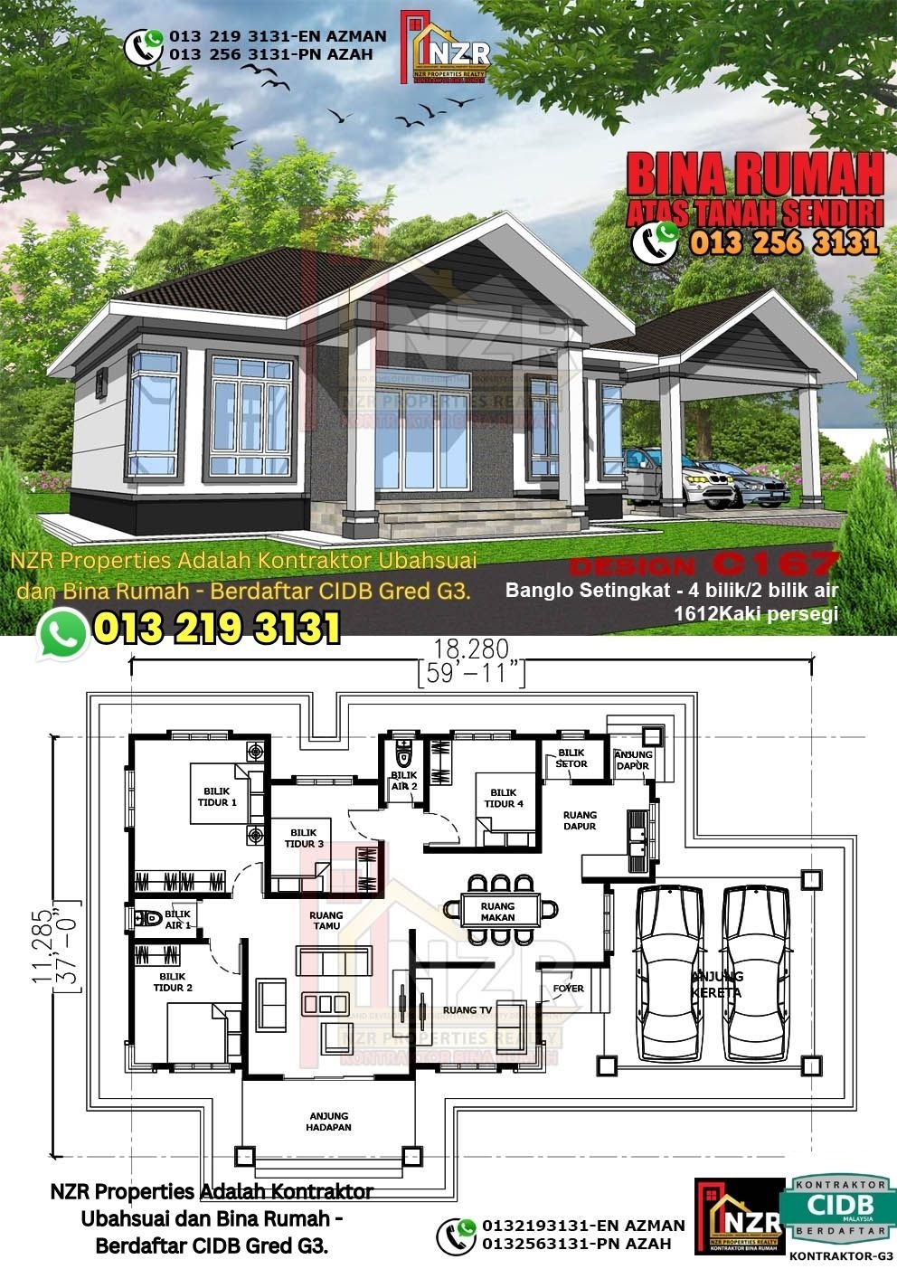 Design C167 rumah 1 tingkat 1612 kps dengan 4 bilik tidur dan 2 bilik air.
