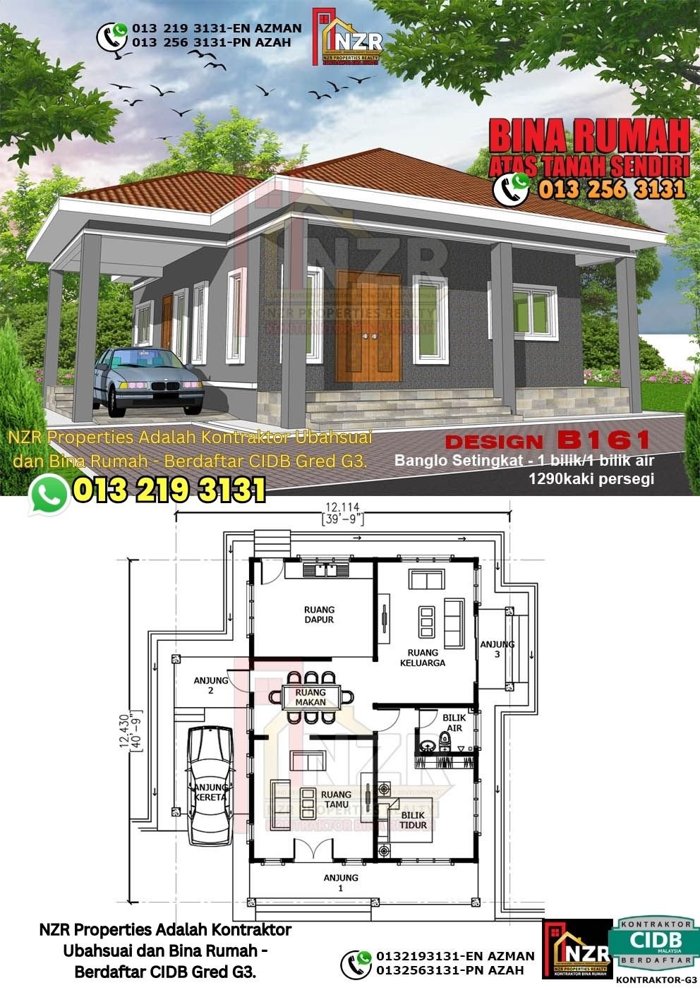 Design B161 rumah 1 tingkat 1290 kps dengan 1 bilik tidur dan 1 bilik air.