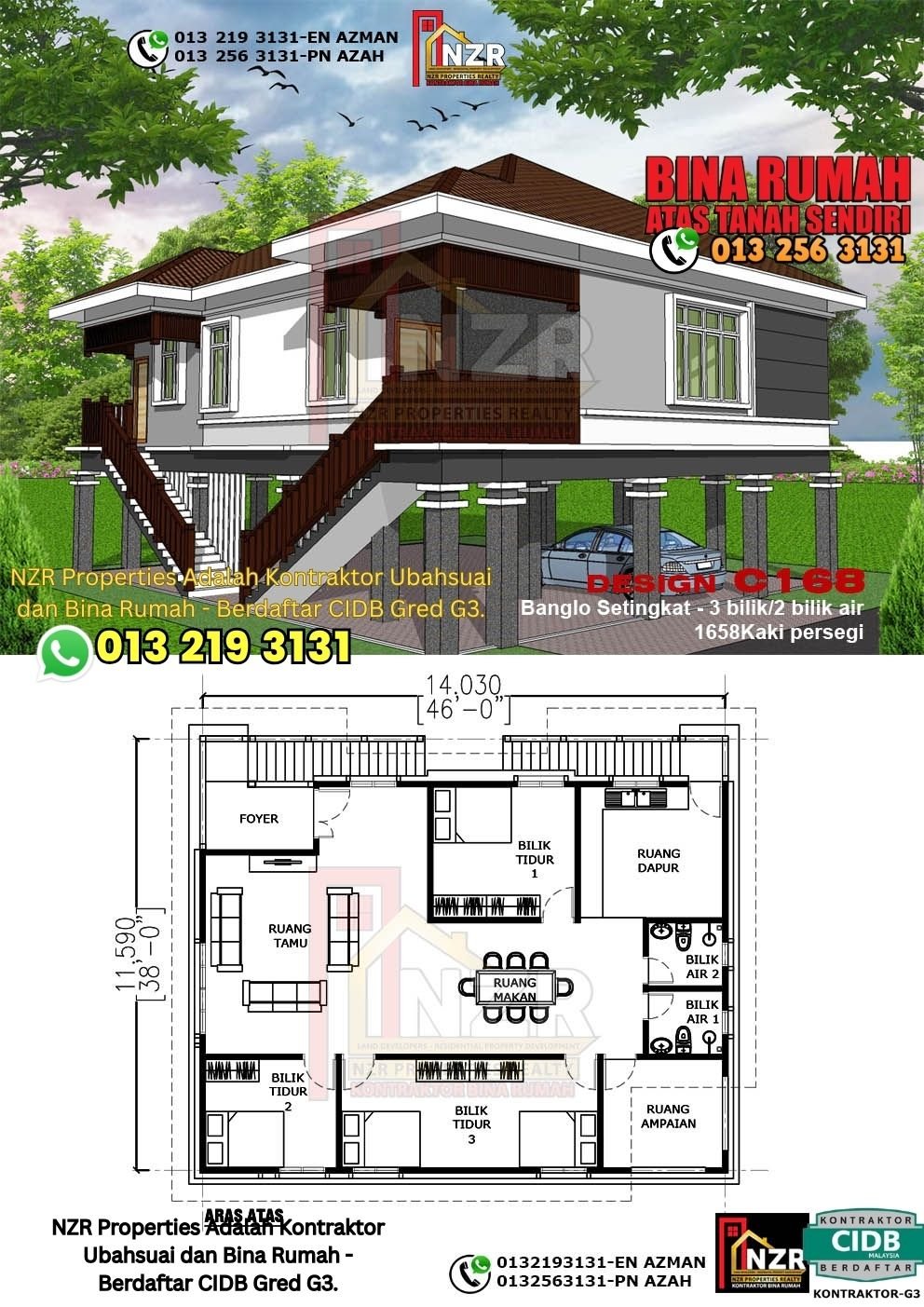 Design C168 rumah 1 tingkat 1658 kps dengan 3 bilik tidur dan 2 bilik air.