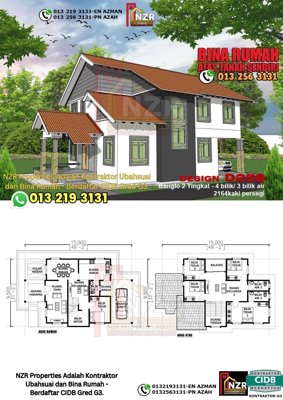 Design D258 rumah dua tingkat 2164 kps dengan 4 bilik tidur dan 3 bilik air.