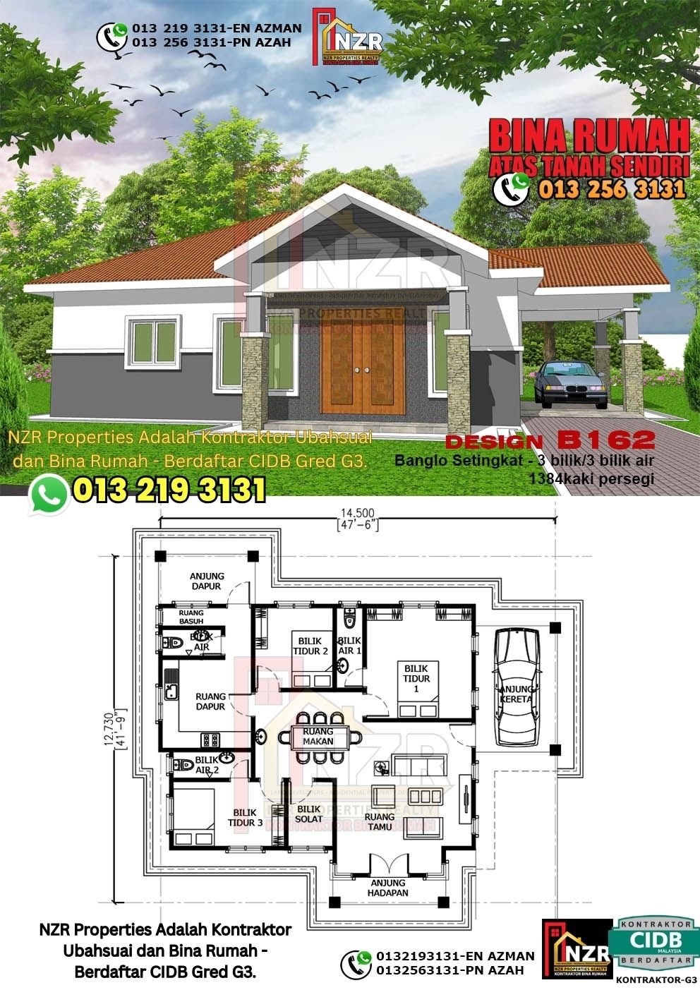 Design B162 rumah 1 tingkat 1384 kps dengan 3 bilik tidur dan 3 bilik air.