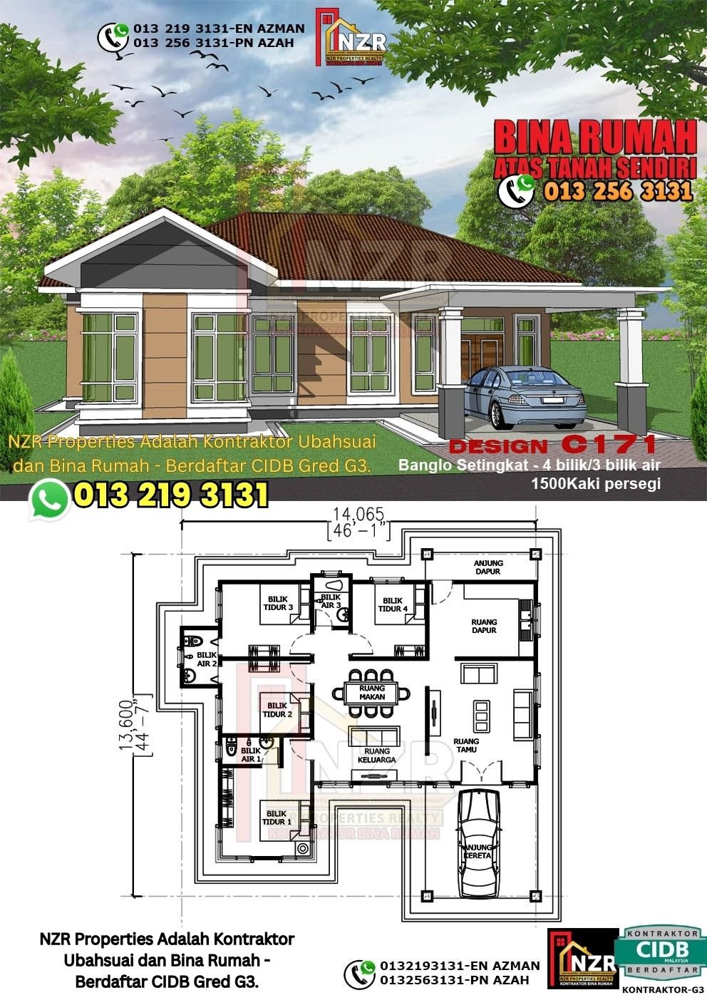 Design C171 rumah 1 tingkat 1500 kps dengan 4 bilik tidur dan 3 bilik air.