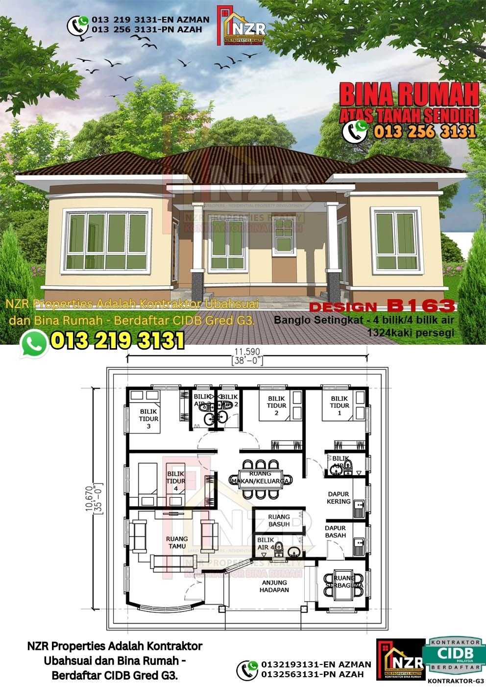 Design B163 rumah 1 tingkat 1324 kps dengan 4 bilik tidur dan 4 bilik air.