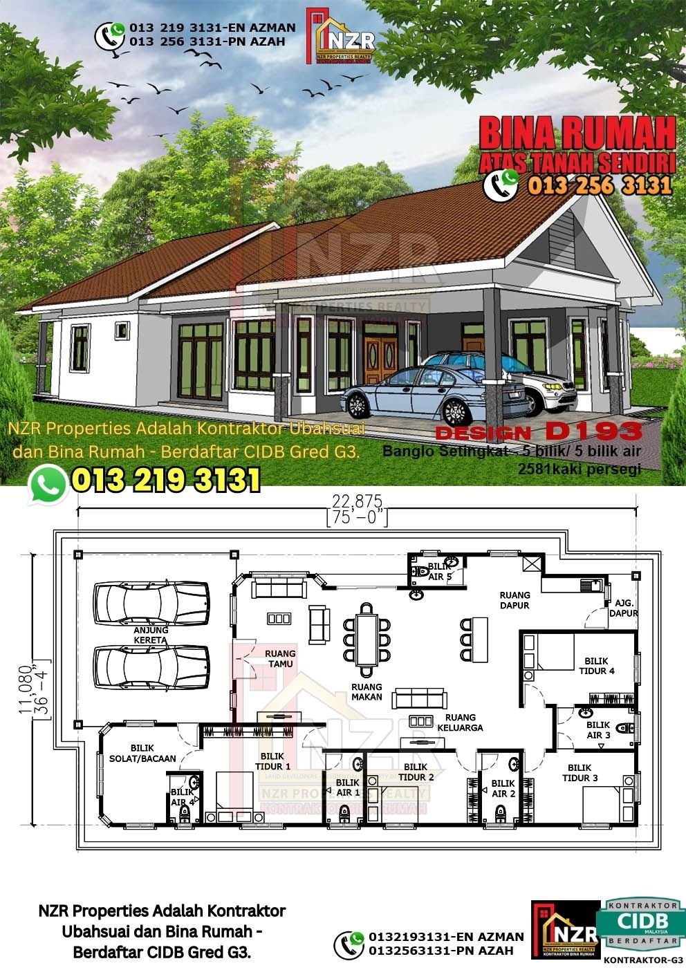 Design D193 rumah 1 tingkat 2581 kps dengan 5 bilik tidur dan 5 bilik air.