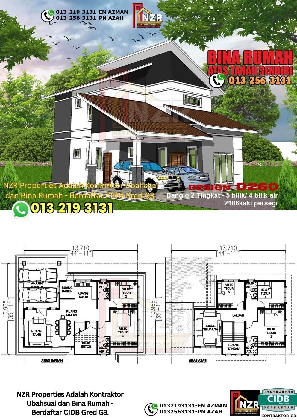 Design D260 rumah dua tingkat 2186 kps dengan 5 bilik tidur dan 4 bilik air
