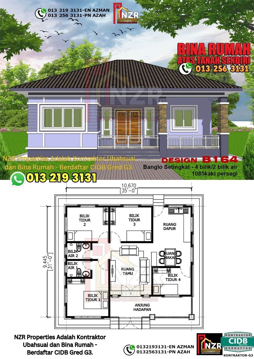 Design B164 rumah 1 tingkat 1085 kps dengan 4 bilik tidur dan 2 bilik air.