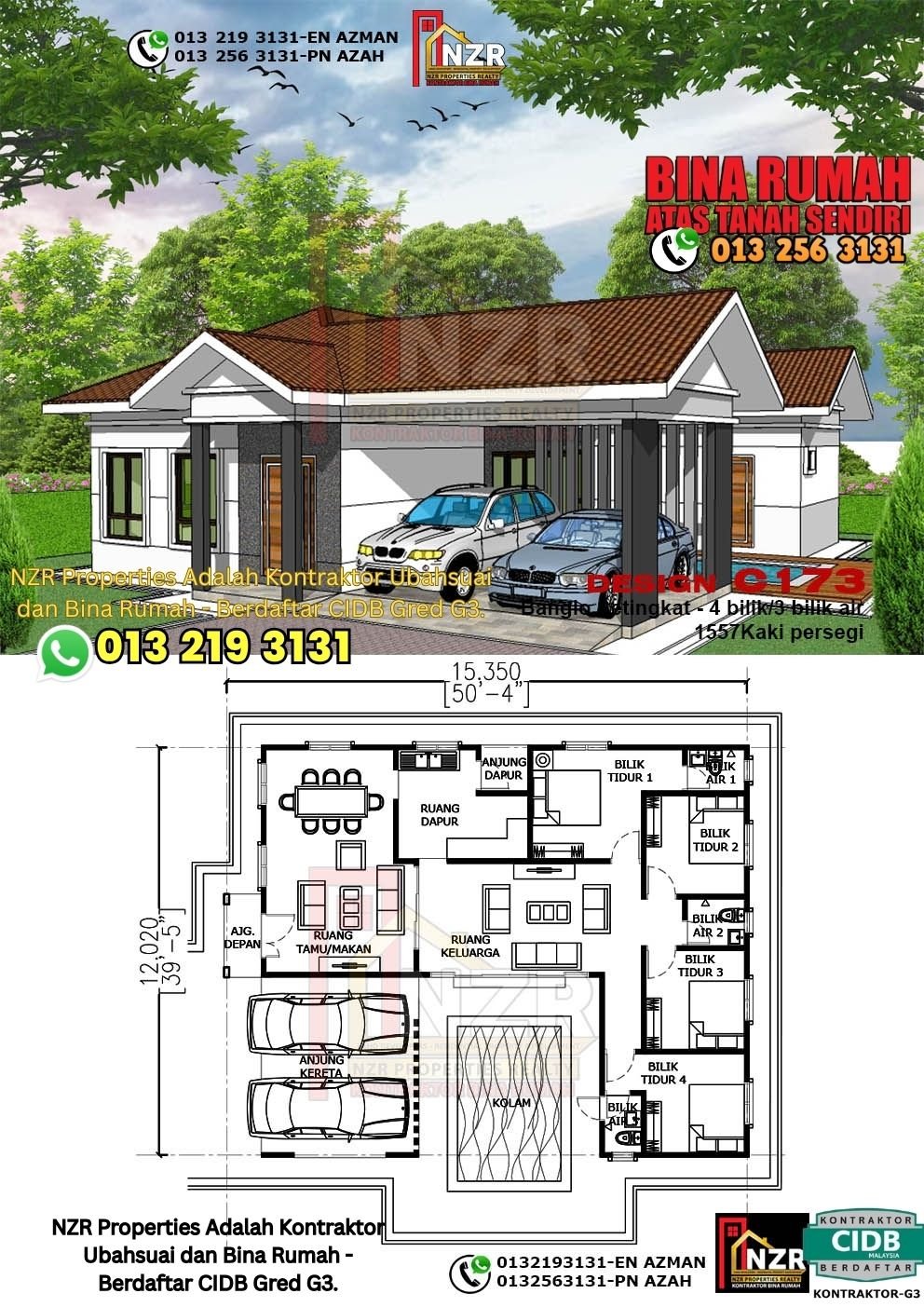 Design C173 rumah 1 tingkat 1557 kps dengan 4 bilik tidur dan 3 bilik air.