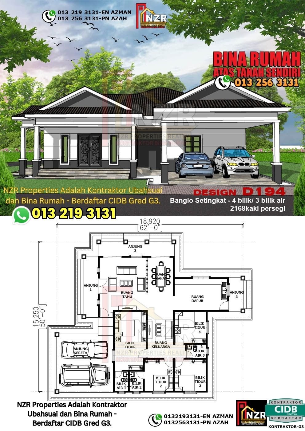 Design D194 rumah 1 tingkat 2168 kps dengan 4 bilik tidur dan 3 bilik air.