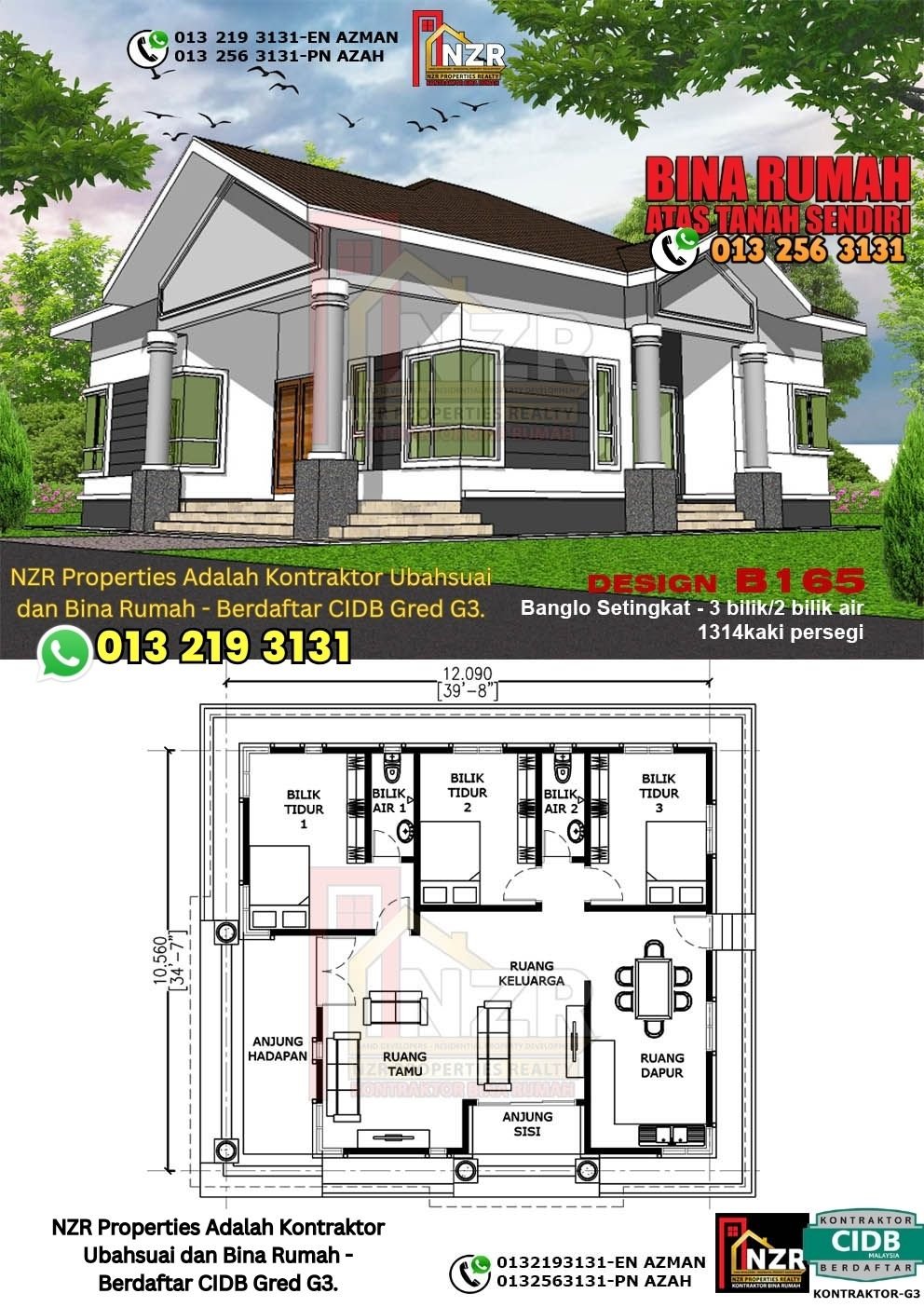Design B165 rumah 1 tingkat 1314 kps dengan 3 bilik tidur dan 2 bilik air.
