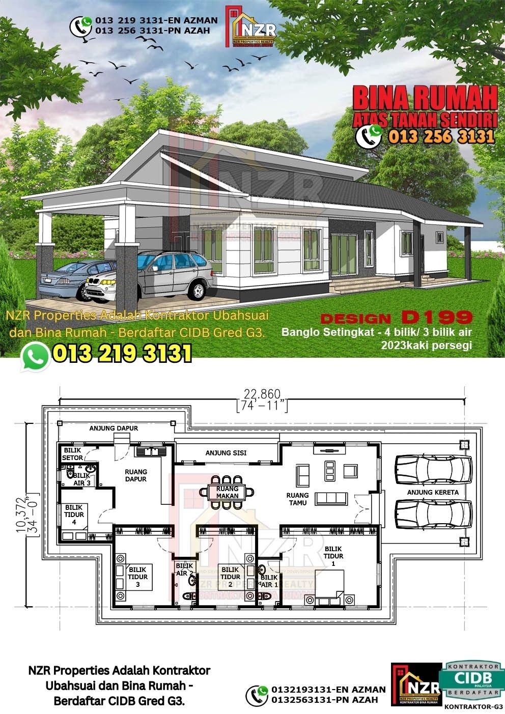 Design D199 rumah 1 tingkat 2023 kps dengan 4 bilik tidur dan 3 bilik air.