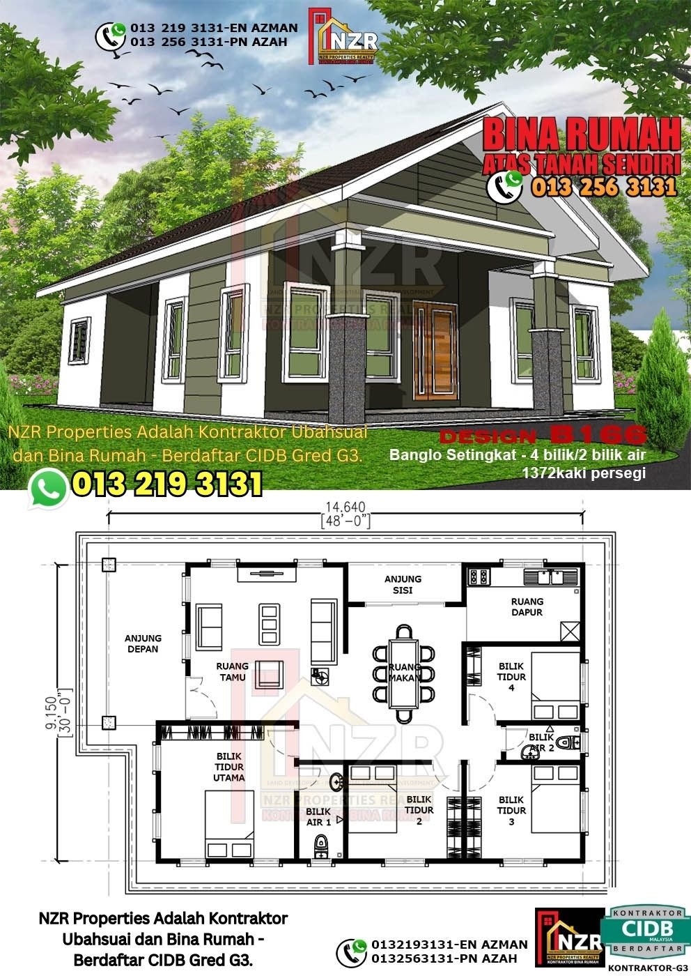 Design B166 rumah 1 tingkat 1372 kps dengan 4 bilik tidur dan 2 bilik air.