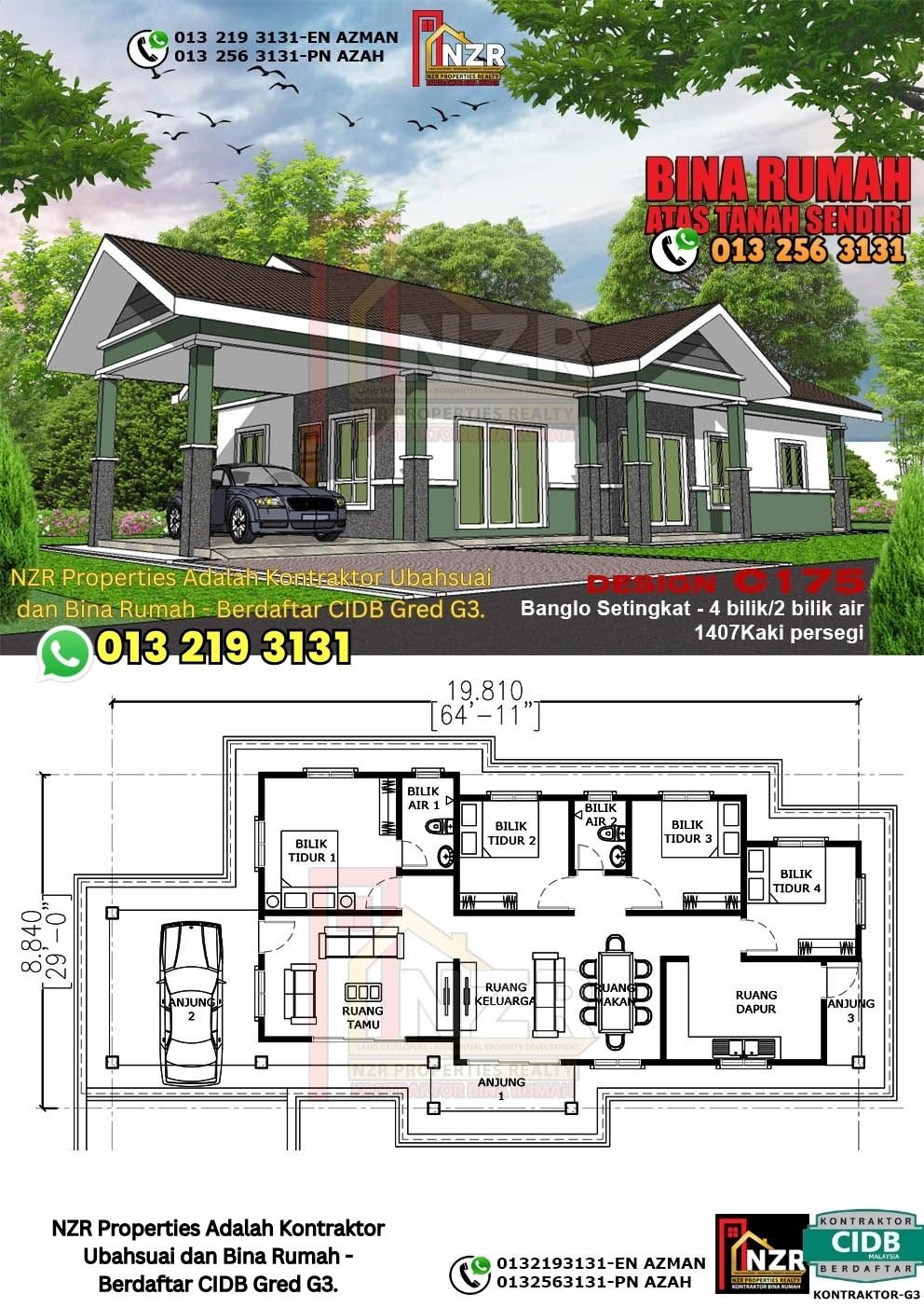 Design C175 rumah 1 tingkat 1407 kps dengan 4 bilik tidur dan 2 bilik air.
