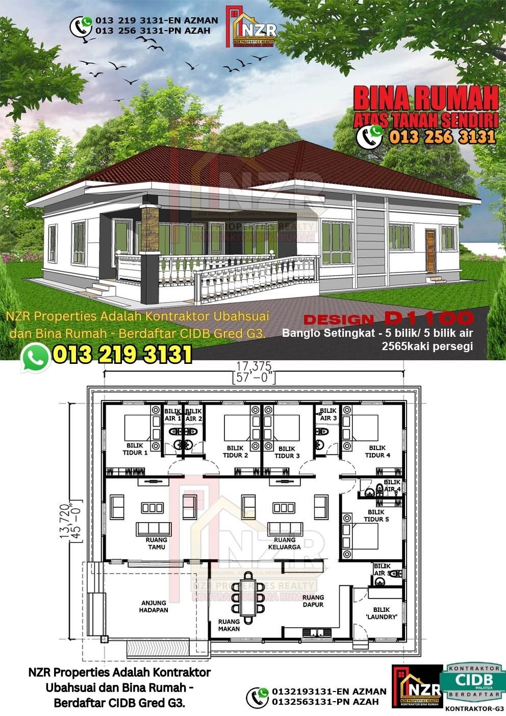 Design D1100 rumah 1 tingkat 2565 kps dengan 5 bilik tidur dan 5 bilik air.