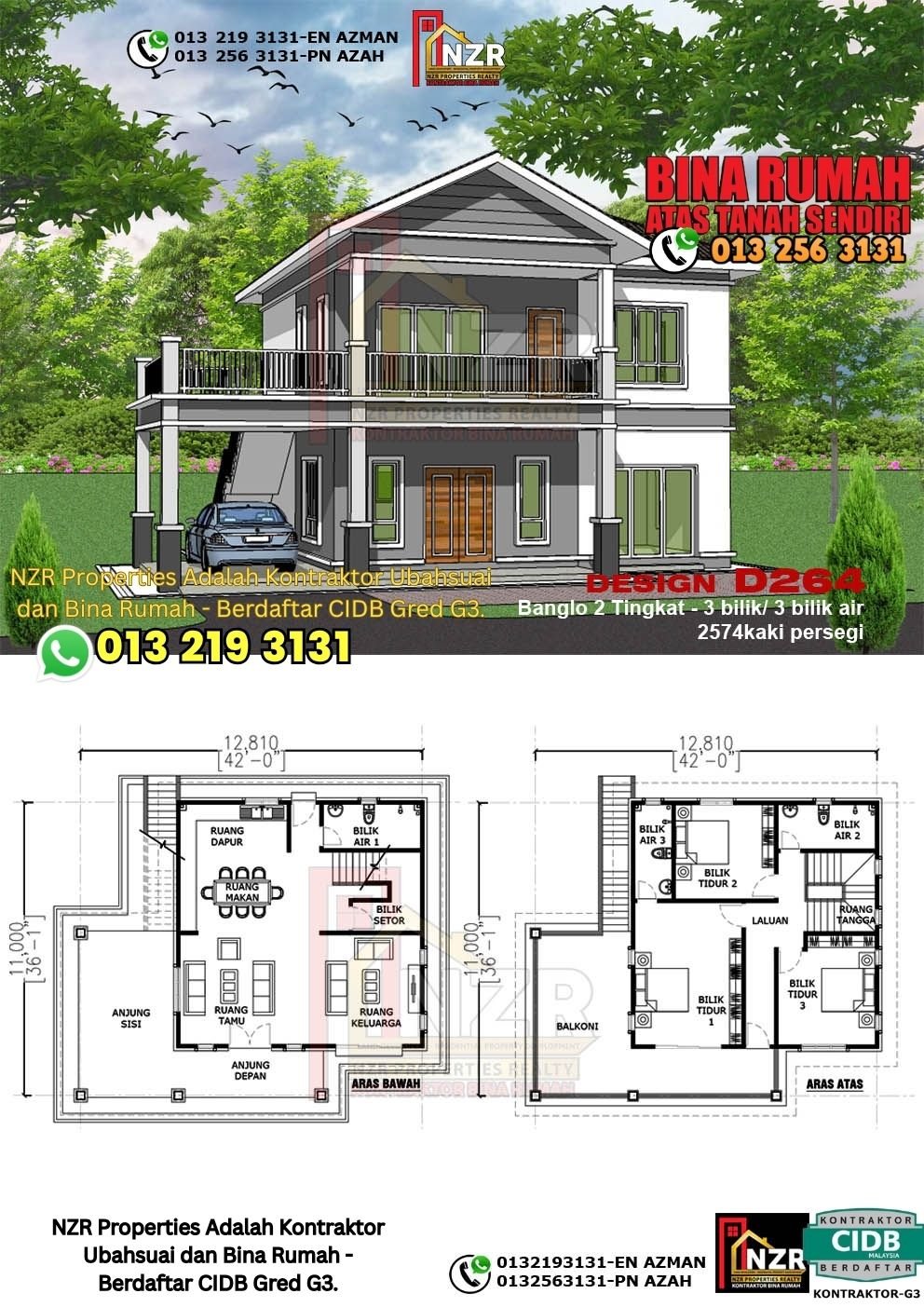 Design D264 rumah dua tingkat 2574 kps dengan 3 bilik tidur dan 3 bilik air.
