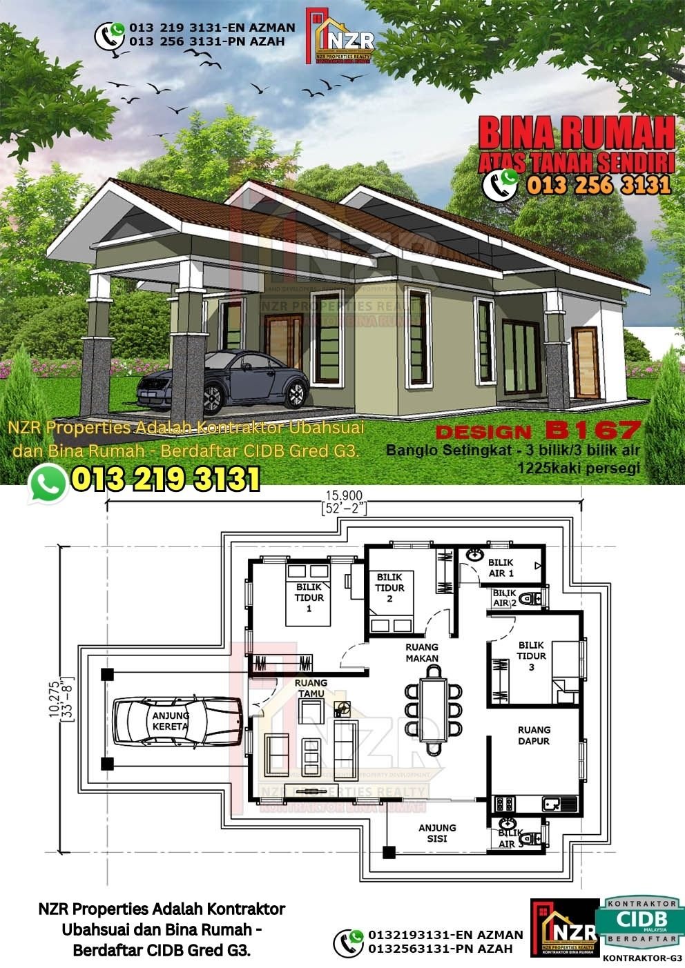 Design B167 rumah 1 tingkat 1225 kps dengan 3 bilik tidur dan 3 bilik air.