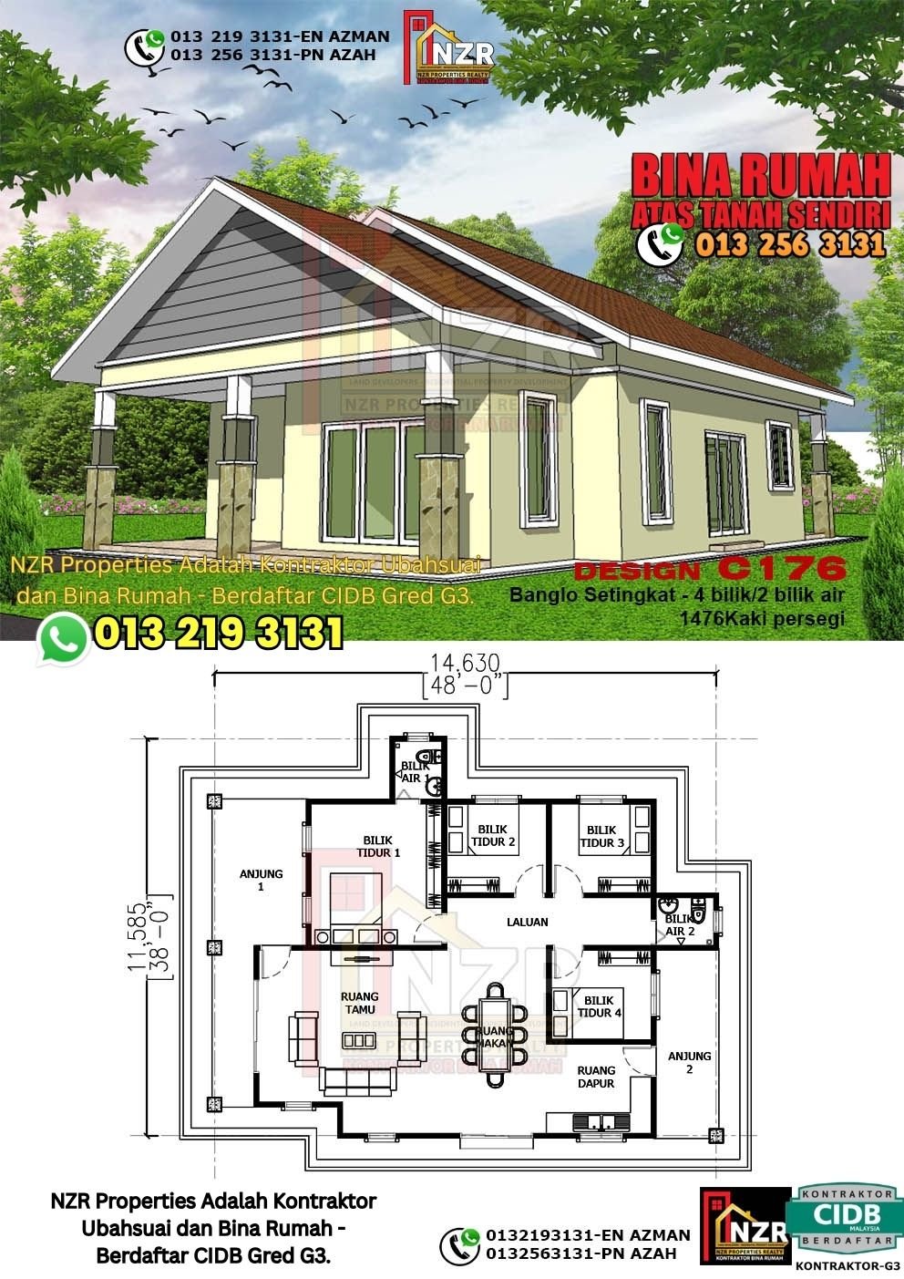 Design C176 rumah 1 tingkat 1476 kps dengan 4 bilik tidur dan 2 bilik air.