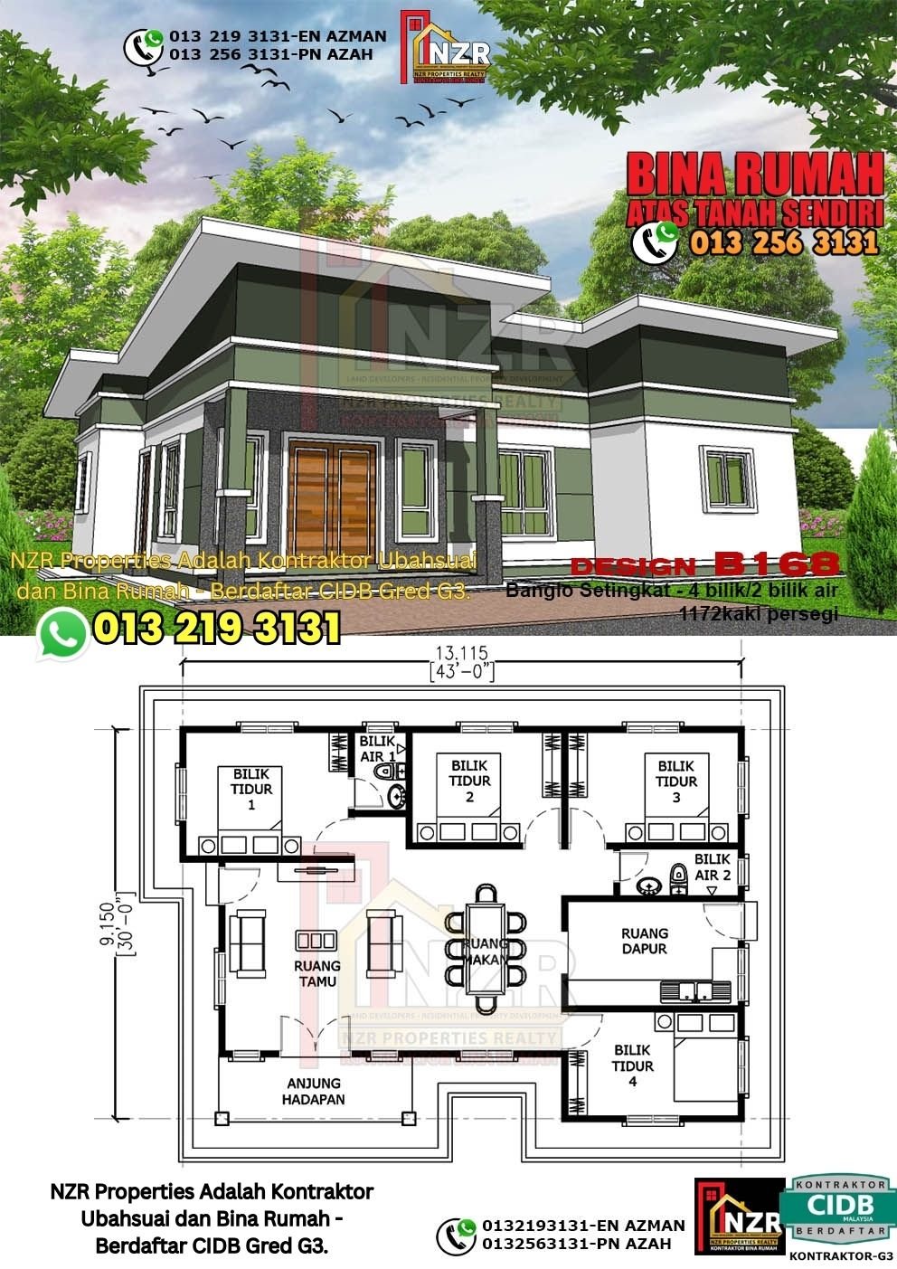 Design B168 rumah 1 tingkat 1172 kps dengan 4 bilik tidur dan 2 bilik air.