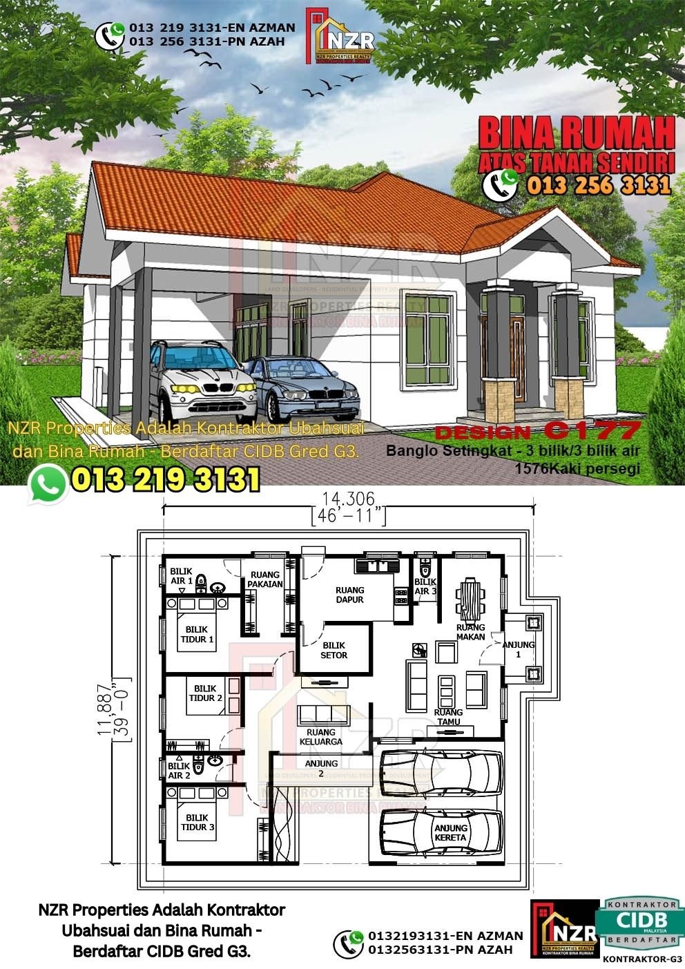Design C177 rumah 1 tingkat 1576 kps dengan 3 bilik tidur dan 3 bilik air.