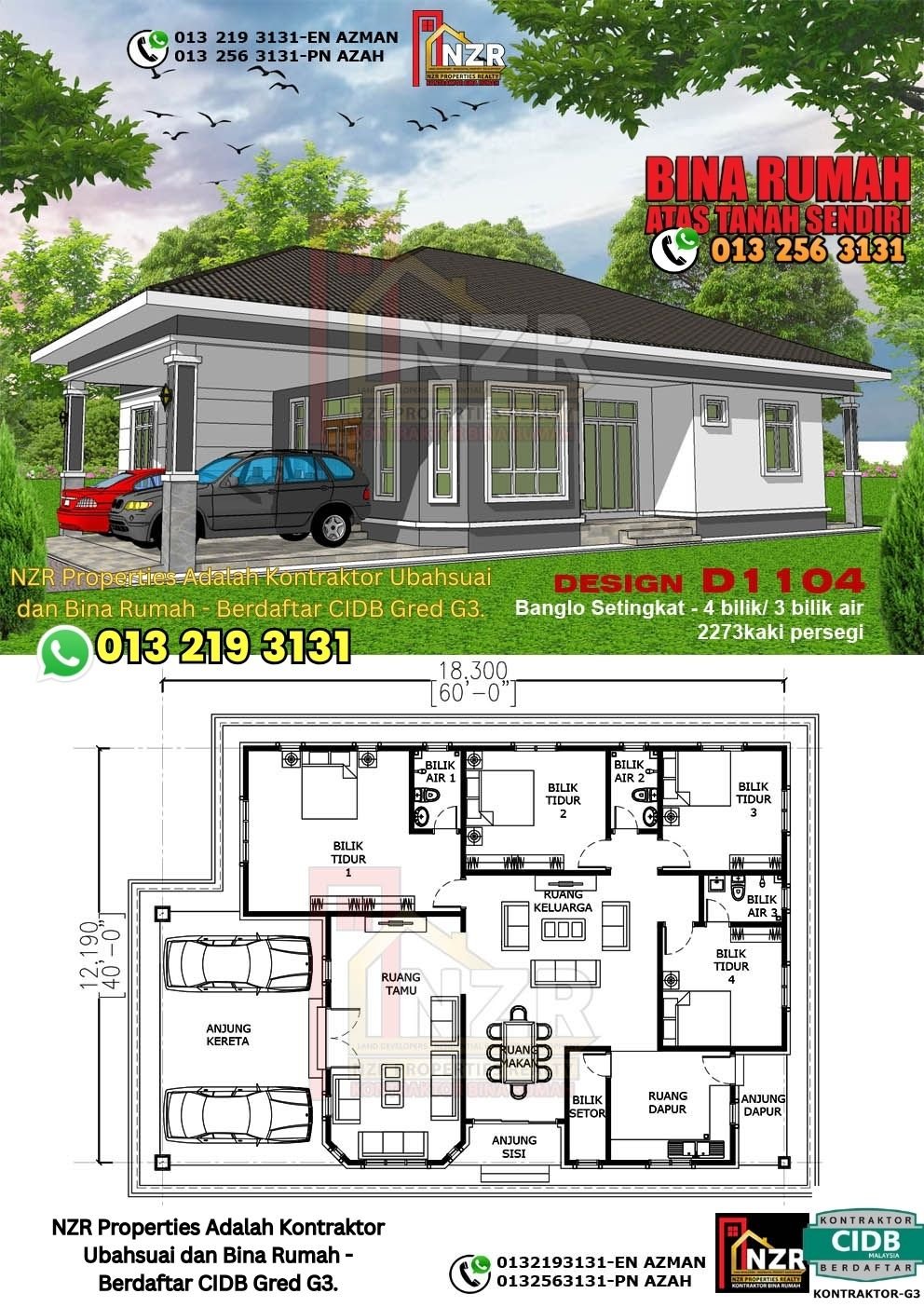 Design D1104 rumah 1 tingkat 2273 kps dengan 4 bilik tidur dan 3 bilik air