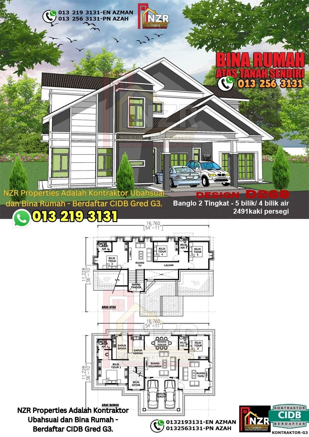 Design D268 rumah dua tingkat 2491 kps dengan 5 bilik tidur dan 4 bilik air.
