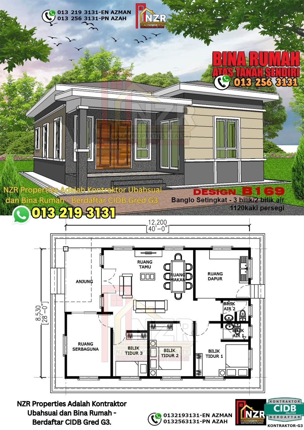Design B169 rumah 1 tingkat 1120 kps dengan 3 bilik tidur dan 2 bilik air.