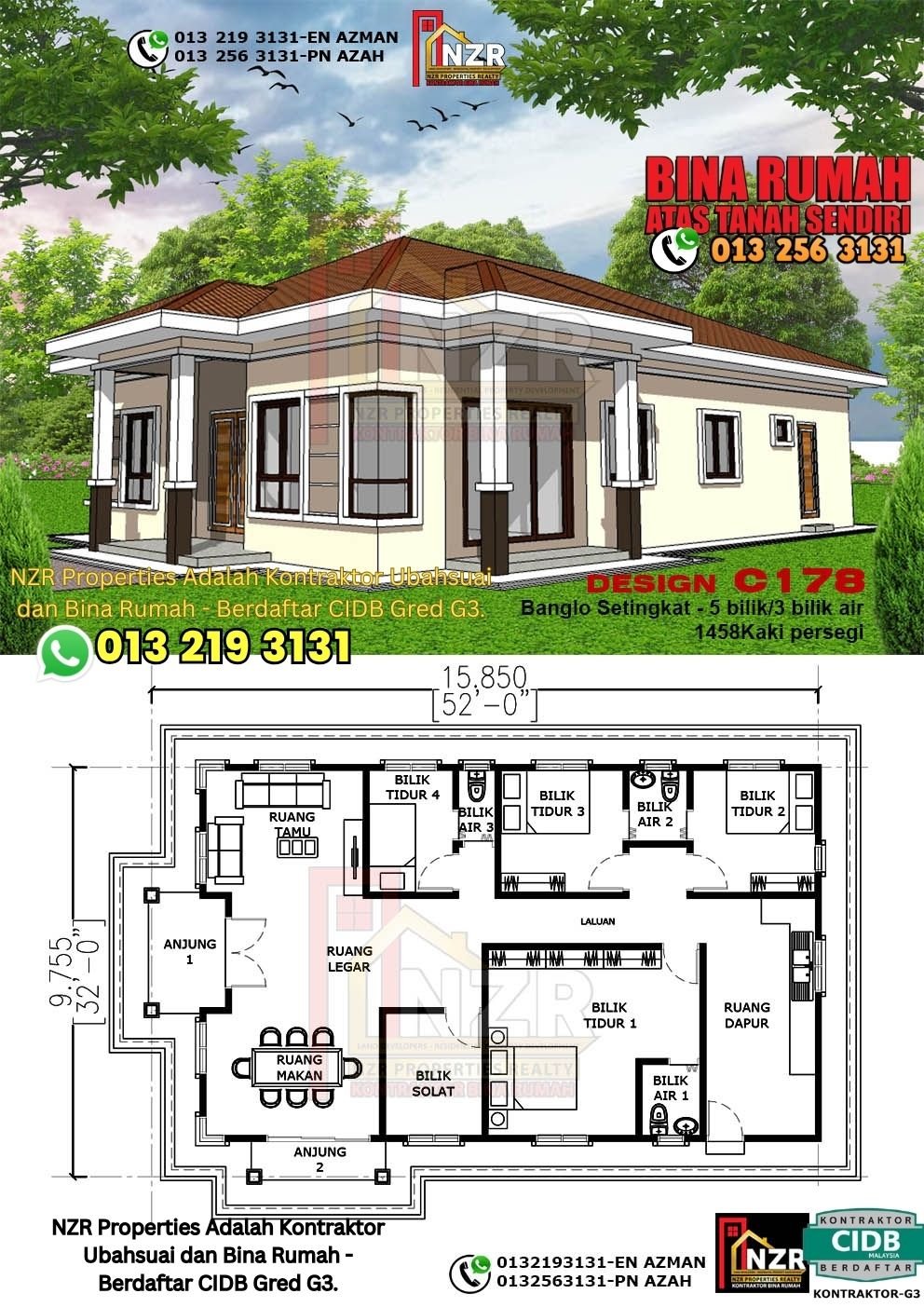 Design C178 rumah 1 tingkat 1458 kps dengan 5 bilik tidur dan 3 bilik air.