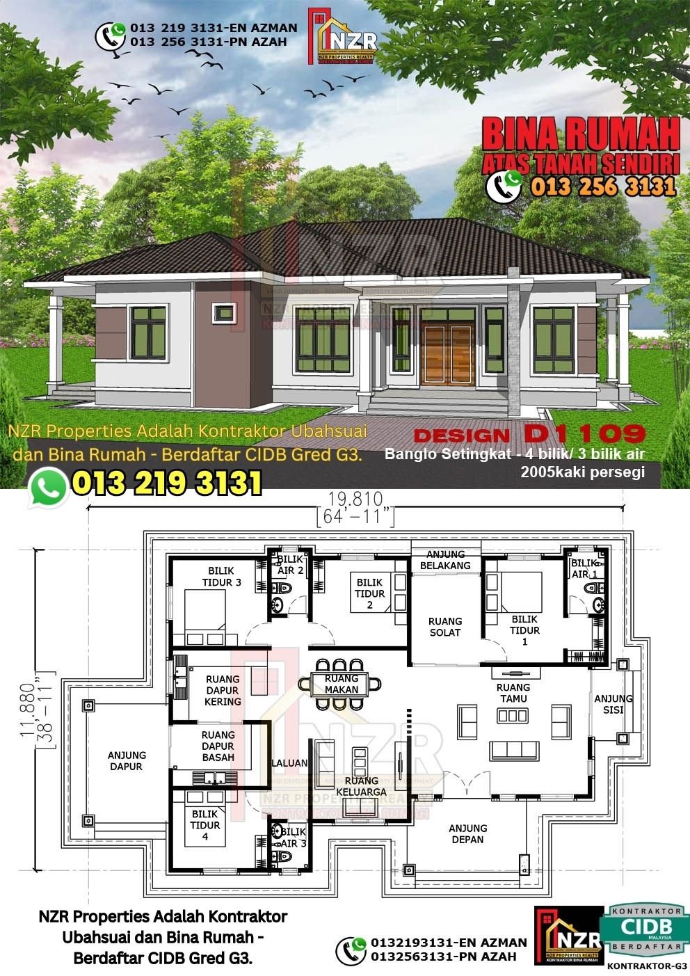 Design D1109 rumah 1 tingkat 2005 kps dengan 4 bilik tidur dan 3 bilik air.