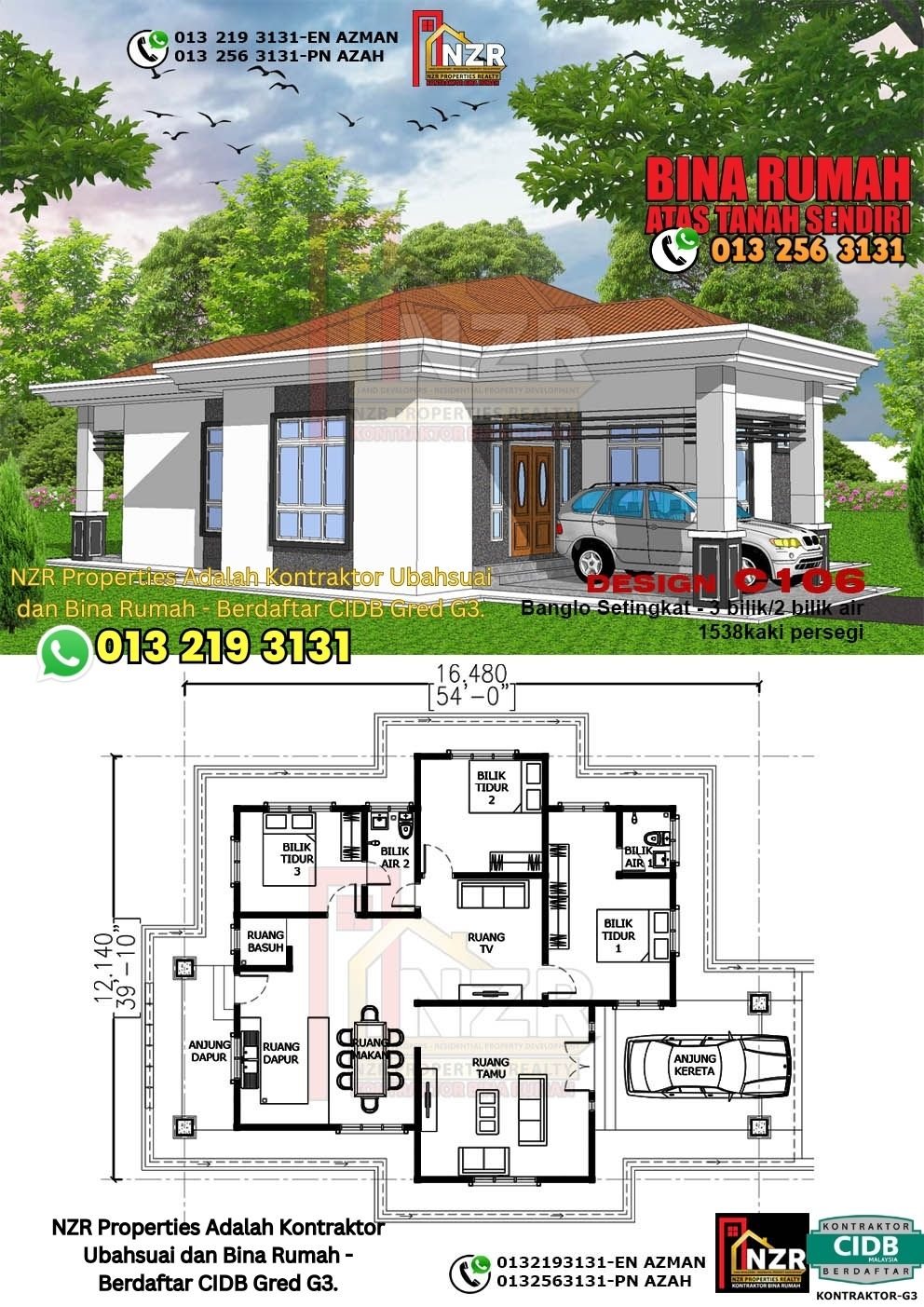 Design C106 rumah 1 tingkat 1538 kps dengan 3 bilik tidur dan 2 bilik air.