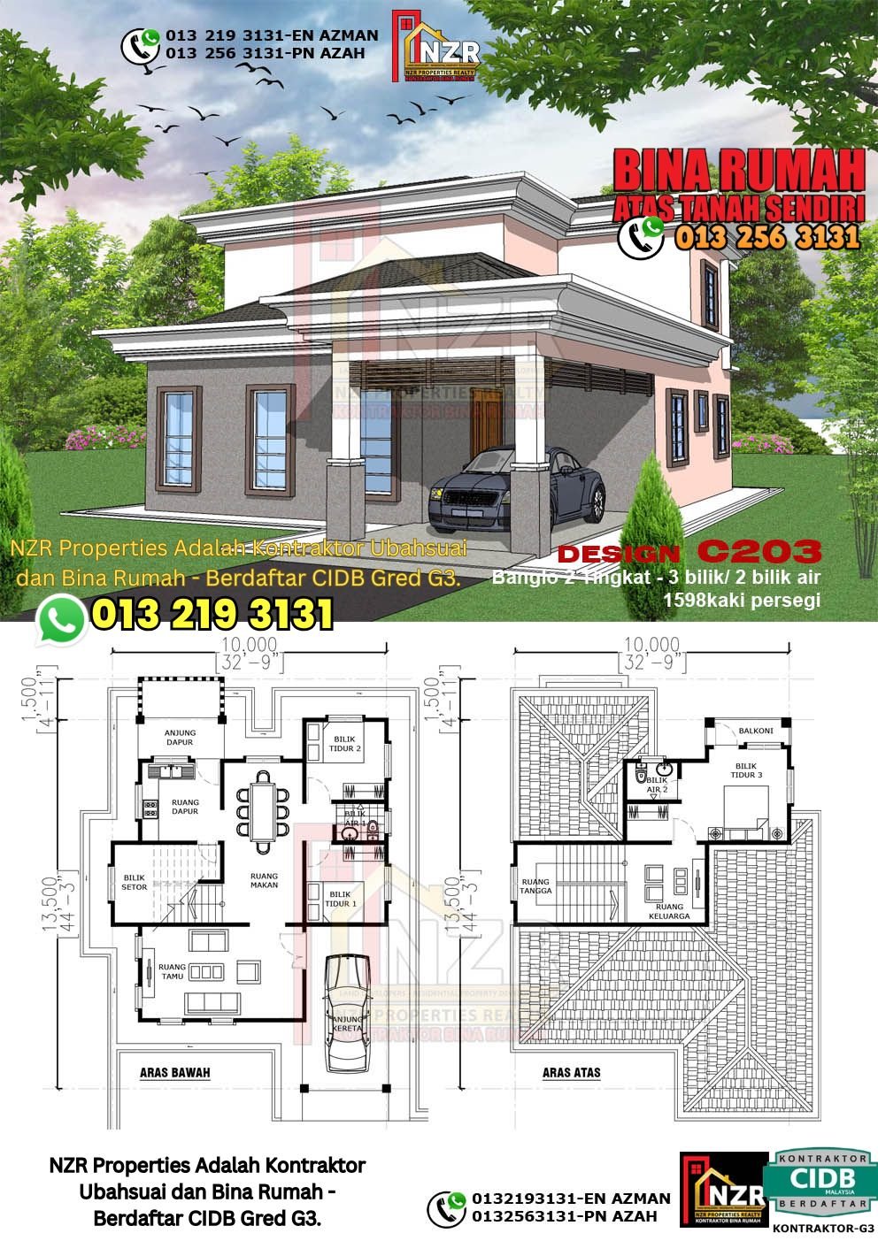 Design C203 rumah dua tingkat 1598 kps dengan 3 bilik tidur dan 2 bilik air.