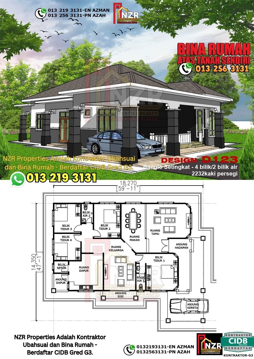 Design D123 rumah 1 tingkat 2232 kps dengan 4 bilik tidur dan 2 bilik air.