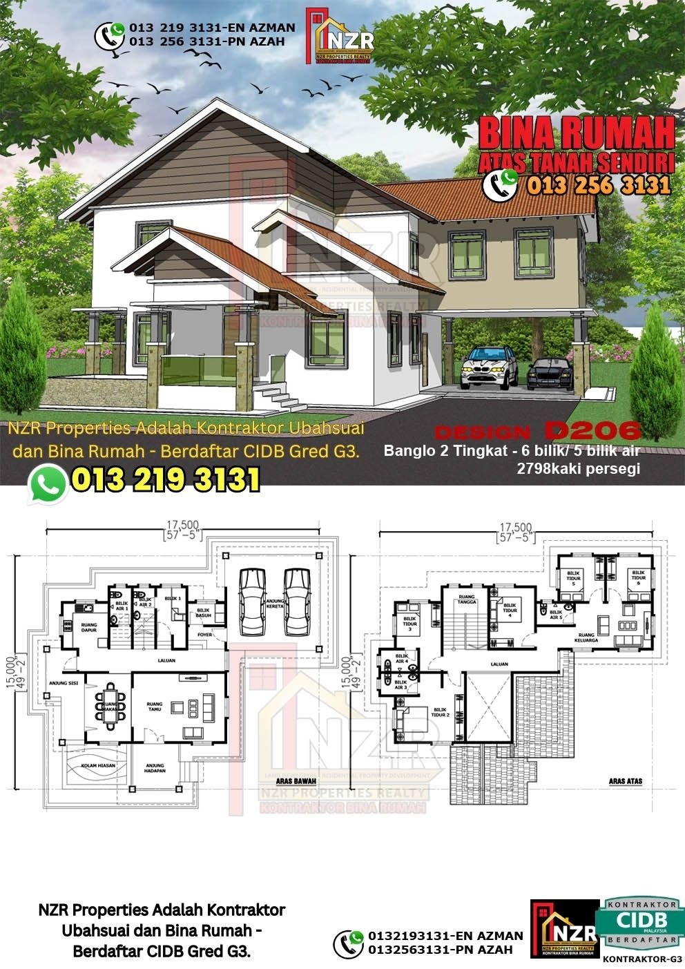 Design D206 rumah dua tingkat 2798 kps dengan 6 bilik tidur dan 5 bilik air.