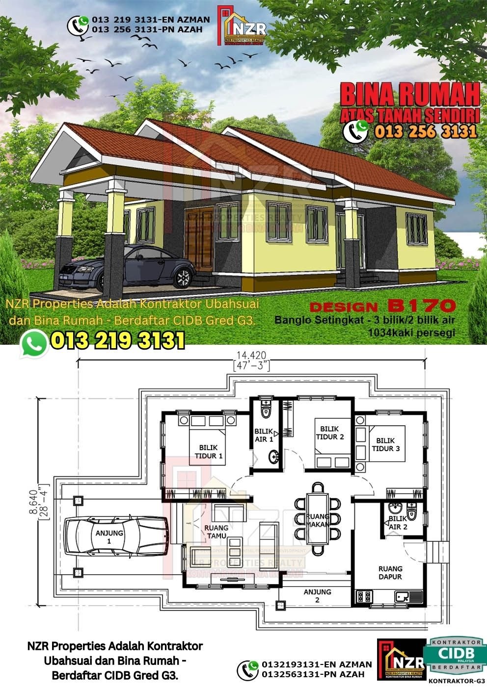 Design B170 rumah 1 tingkat 1034 kps dengan 3 bilik tidur dan 2 bilik air.