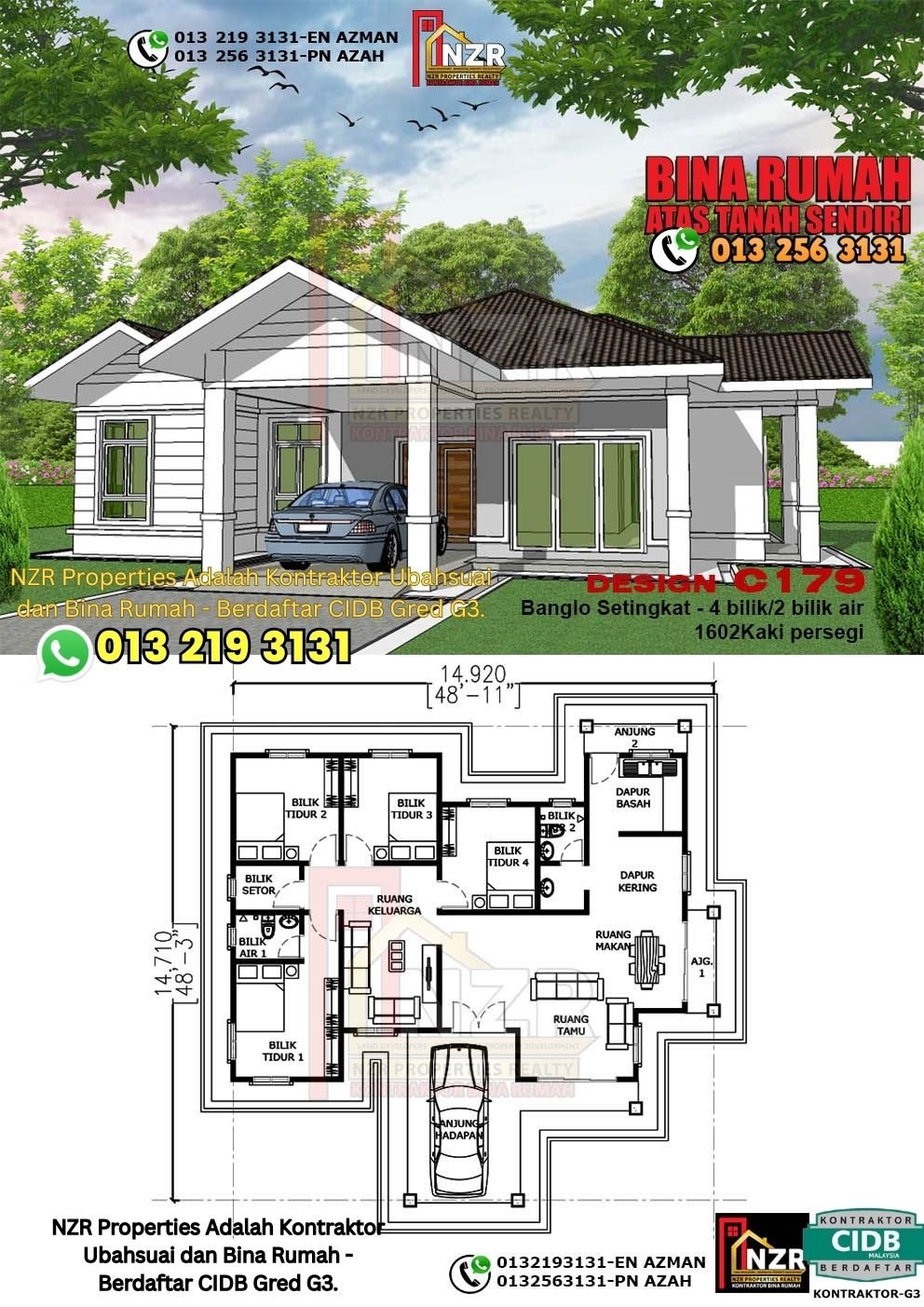 Design C179 rumah 1 tingkat 1602 kps dengan 4 bilik tidur dan 2 bilik air.
