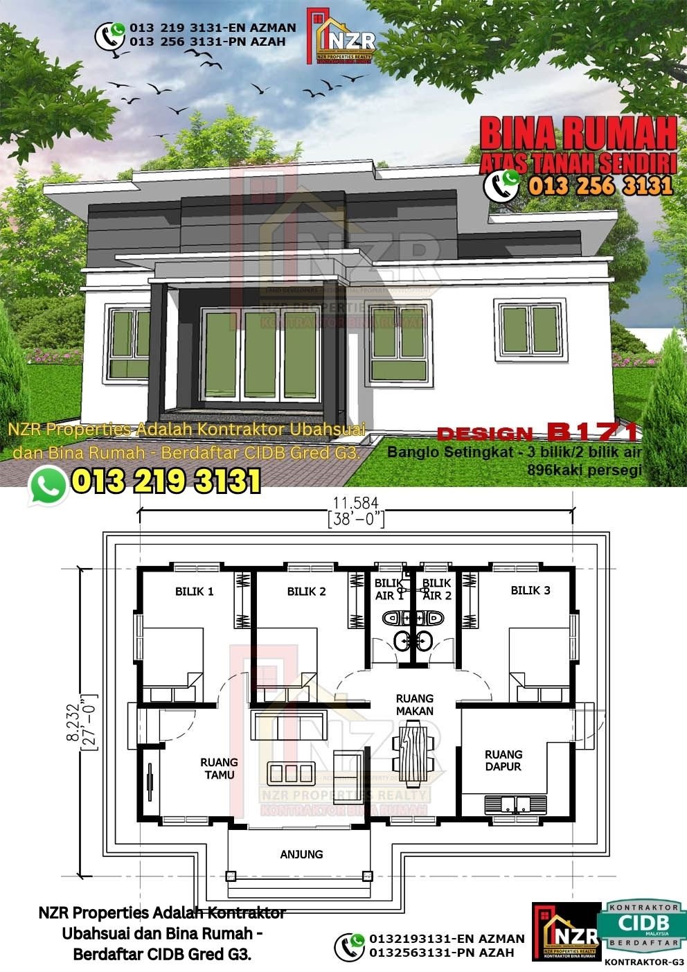 Design B171 rumah 1 tingkat 896 kps dengan 3 bilik tidur dan 2 bilik air.