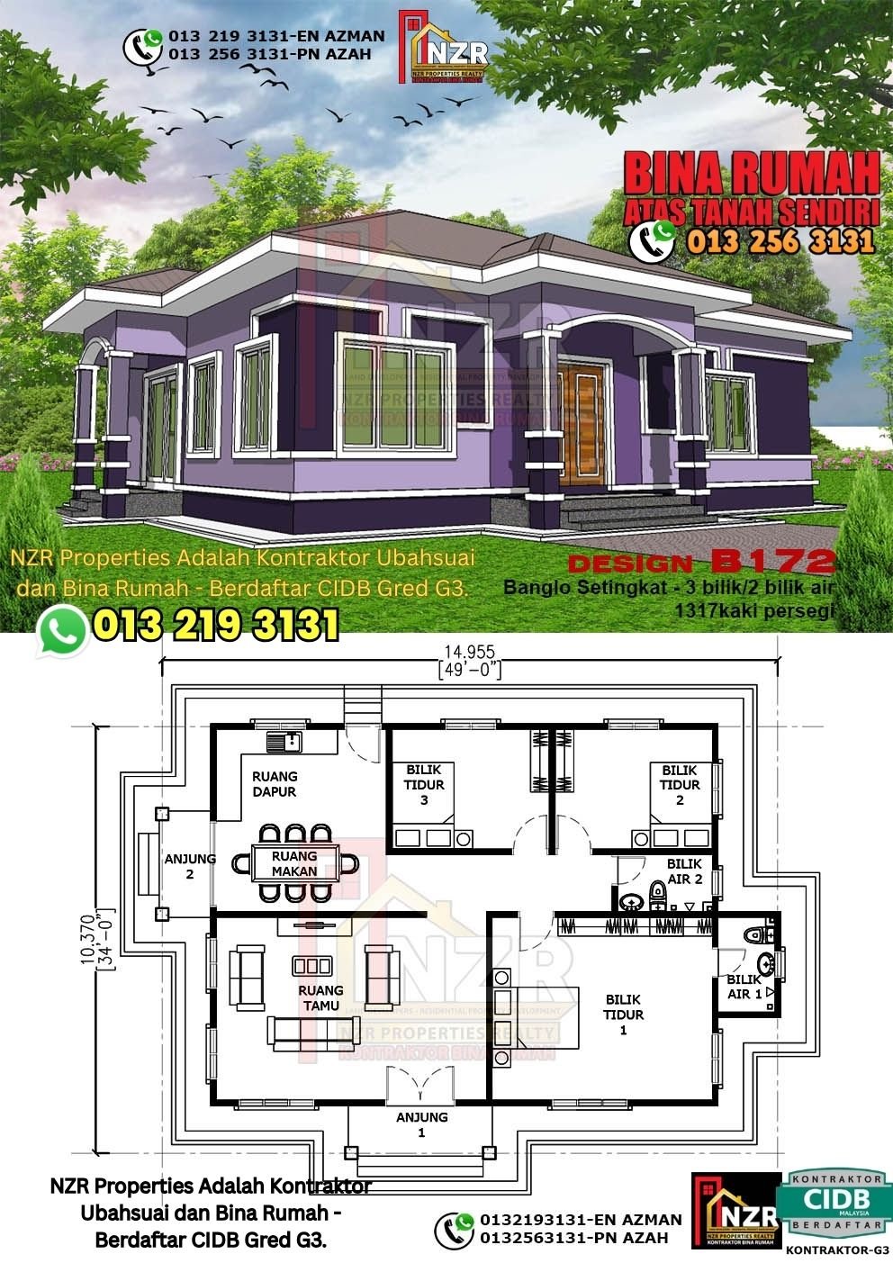 Design B172 rumah 1 tingkat 1317 kps dengan 3 bilik tidur dan 2 bilik air.